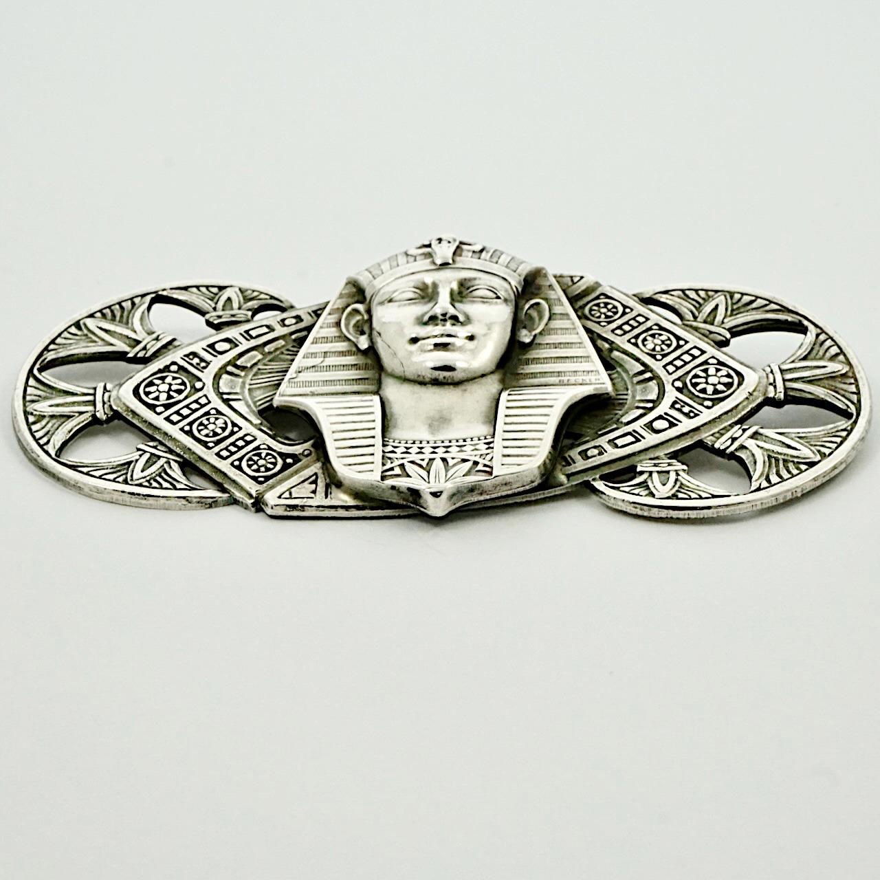 Silver Plated Large Egyptian Revival Style Pharaoh Statement Brooch In Good Condition For Sale In London, GB