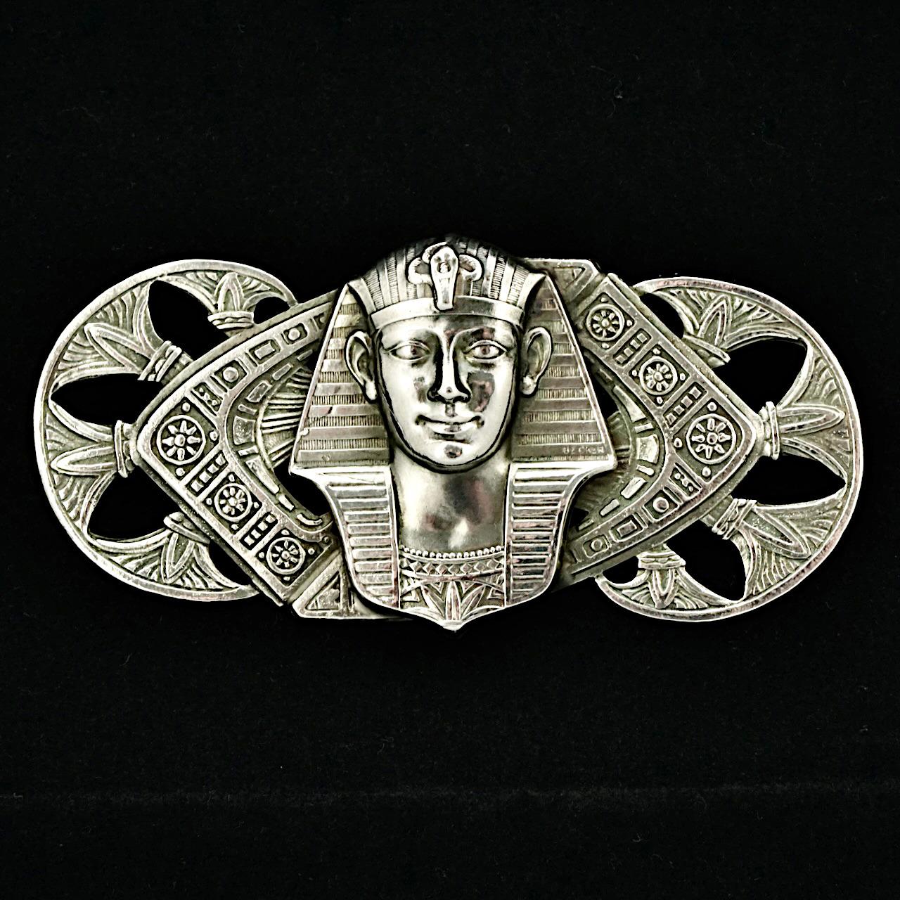 Women's or Men's Silver Plated Large Egyptian Revival Style Pharaoh Statement Brooch For Sale