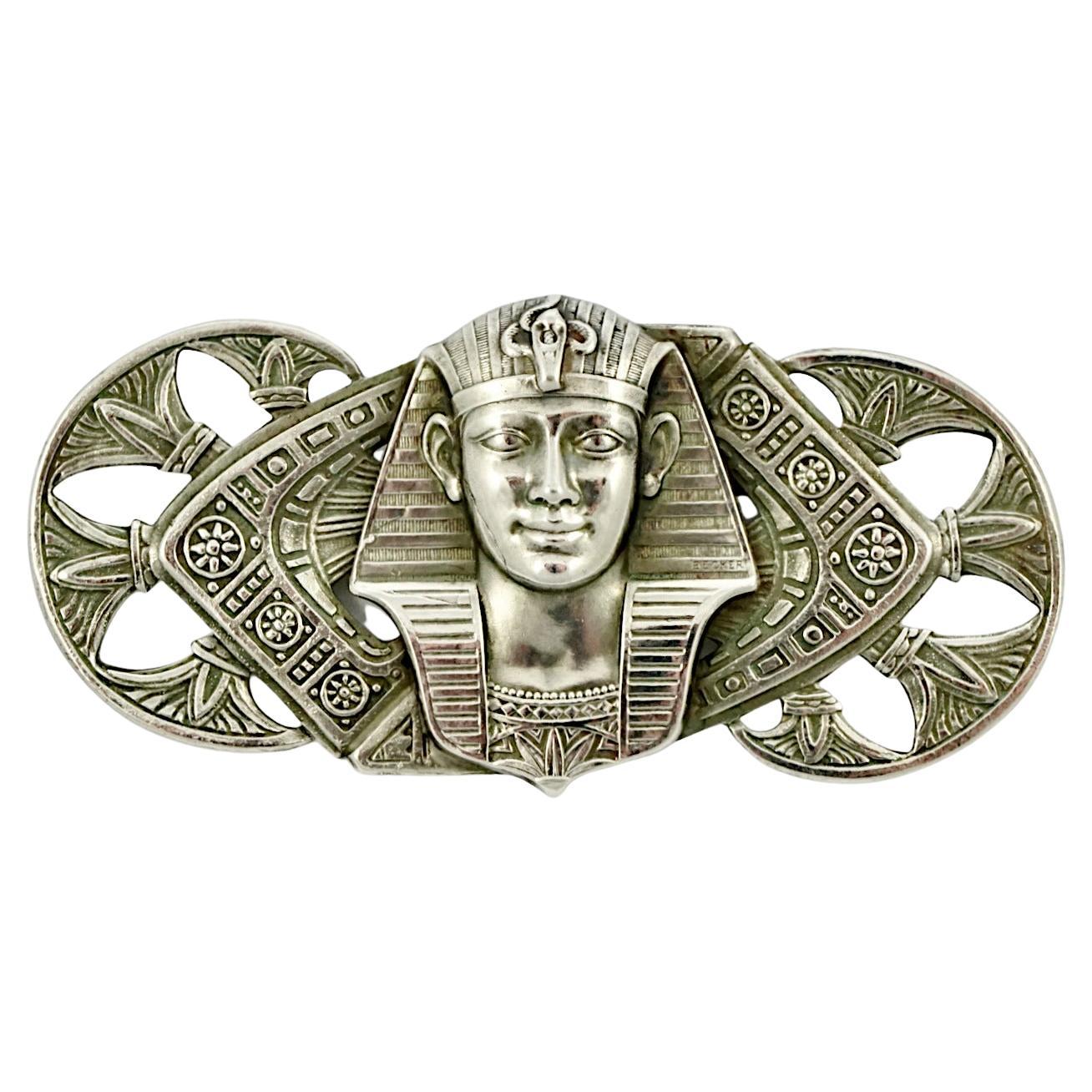 Silver Plated Large Egyptian Revival Style Pharaoh Statement Brooch For Sale