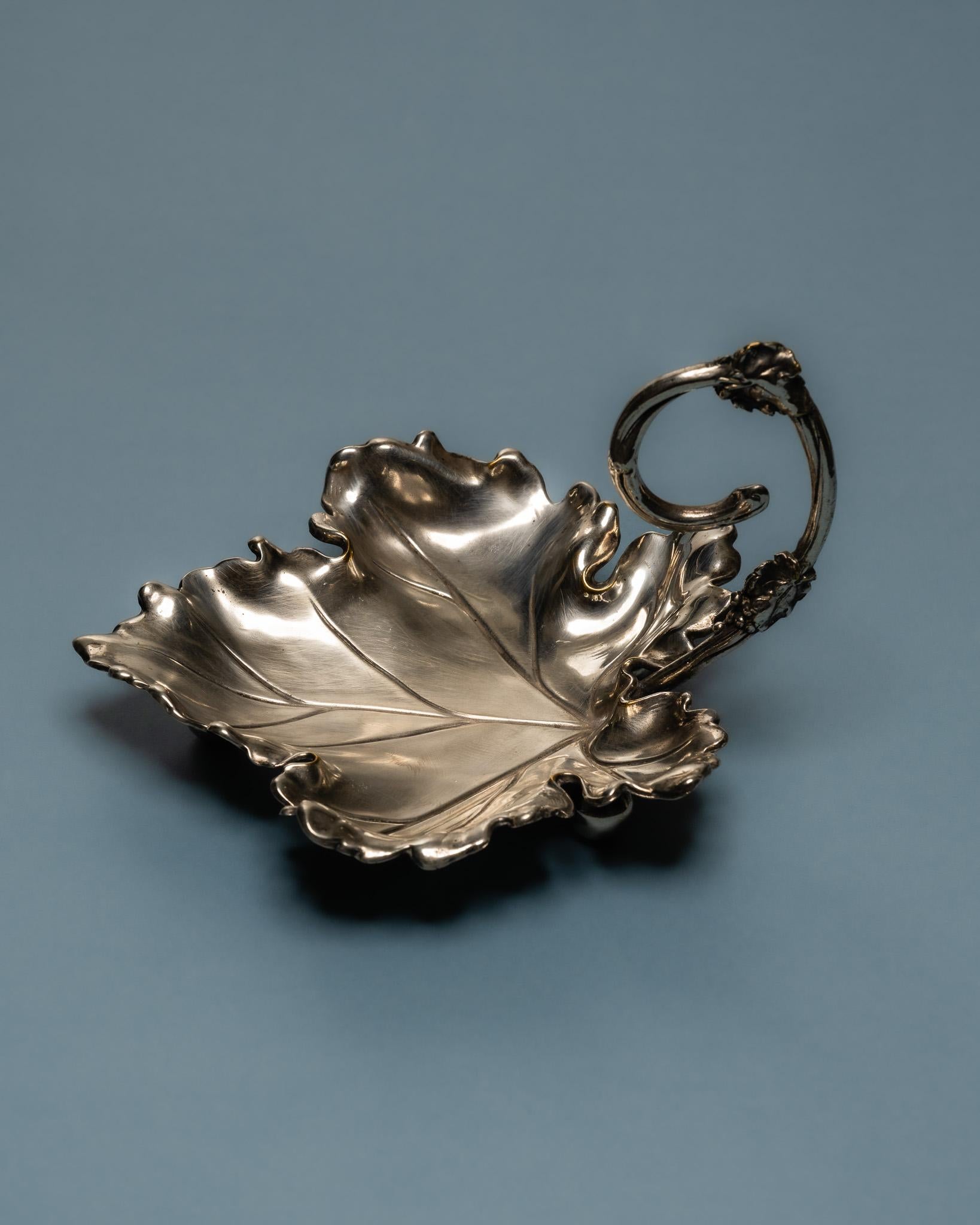 Art Nouveau Silver-Plated Leaf-Shaped Trinket Dish, 1950s For Sale