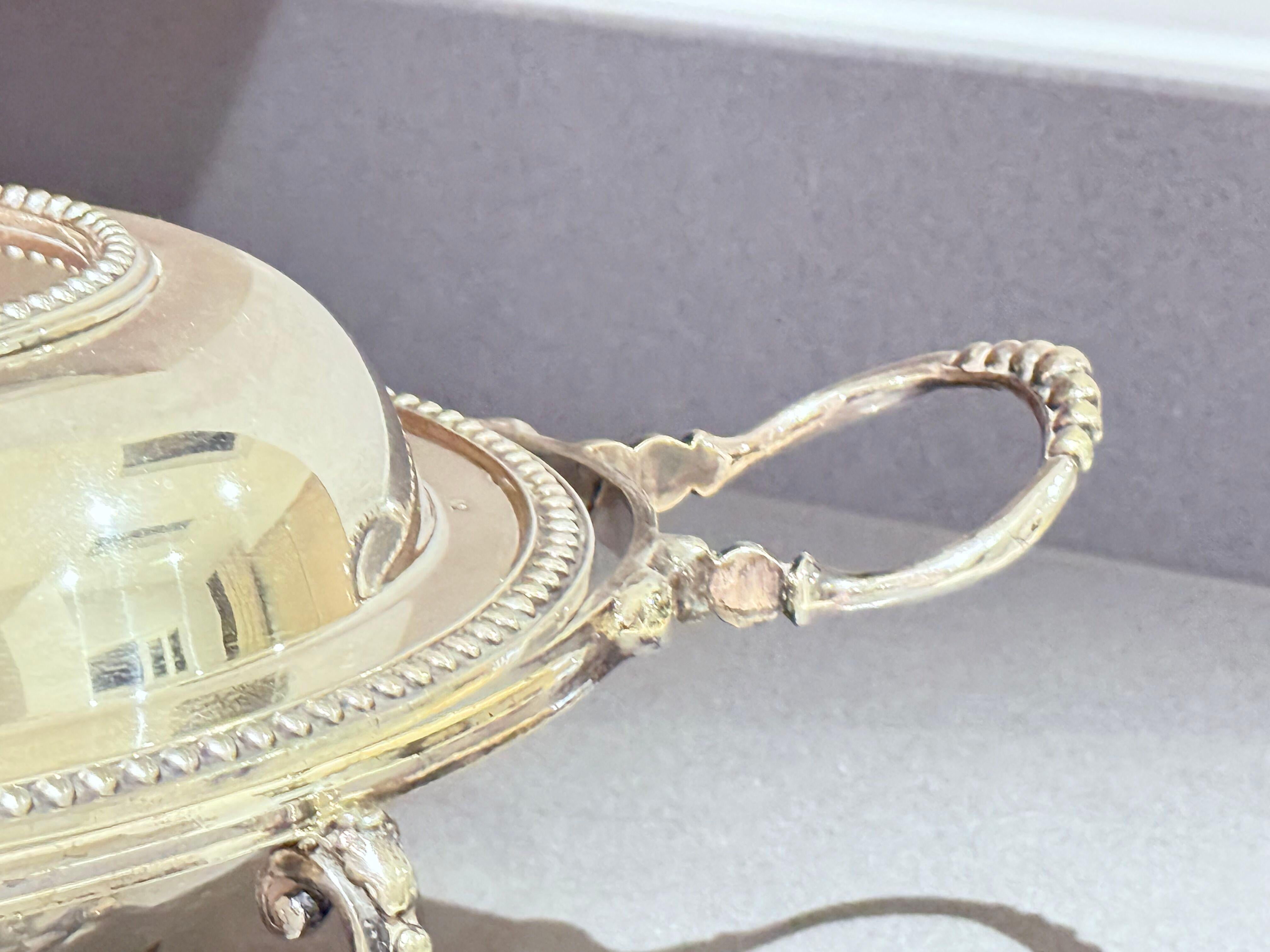 Brossé Plat de service à couvercle en métal argenté sur pied, Antique English Neoclassical Luxury en vente