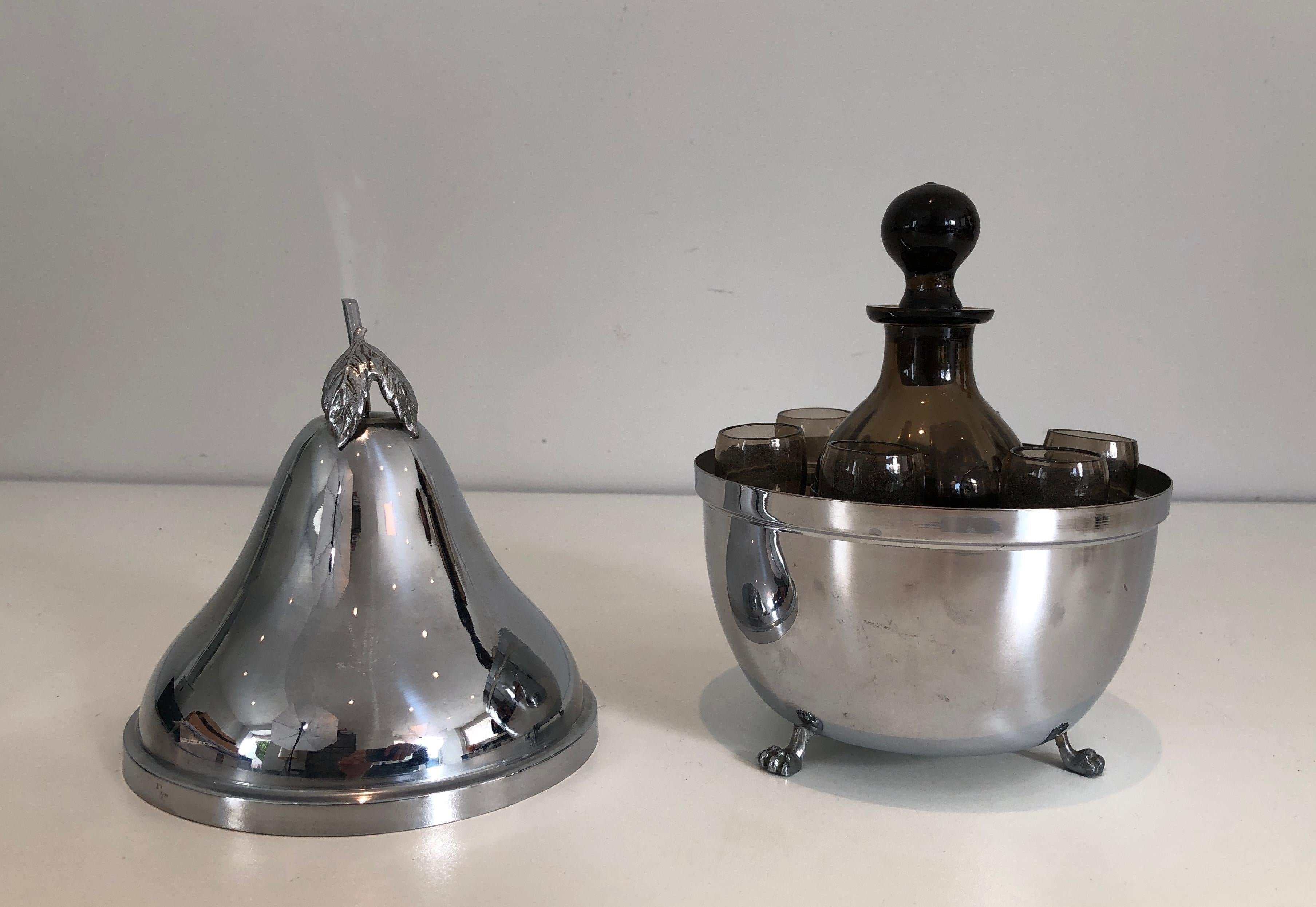 Licorera Plateada con Copas y Jarra de Vidrio Ahumado, Obra Francesa Francés en venta