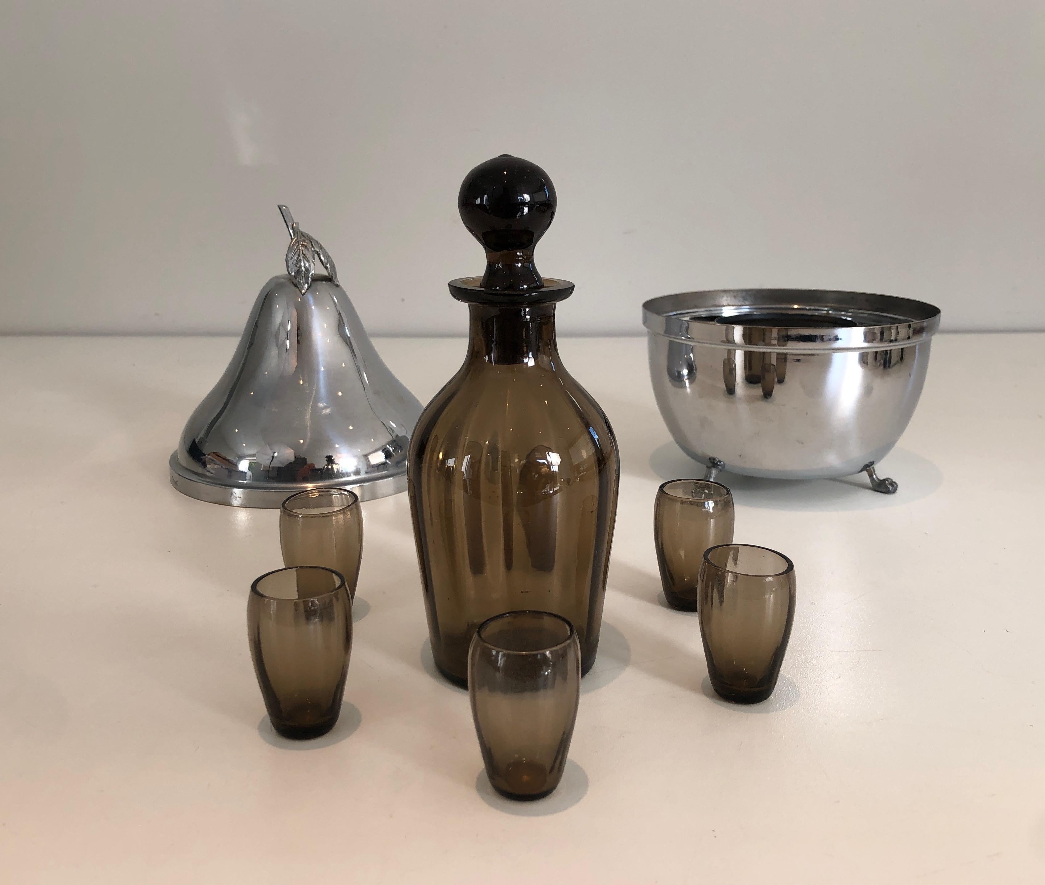 Late 20th Century Silver Plated Liquor Cellar with Smoked Glass Glasses and Carafe, French Work For Sale