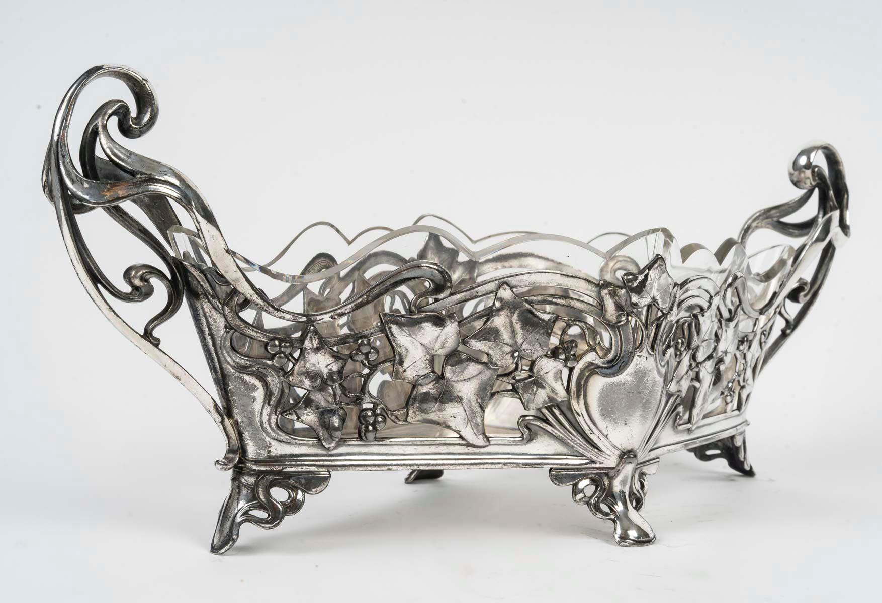 Ciotola in metallo placcato argento e cristallo, periodo Art Nouveau, 1900. In condizioni buone in vendita a Saint-Ouen, FR