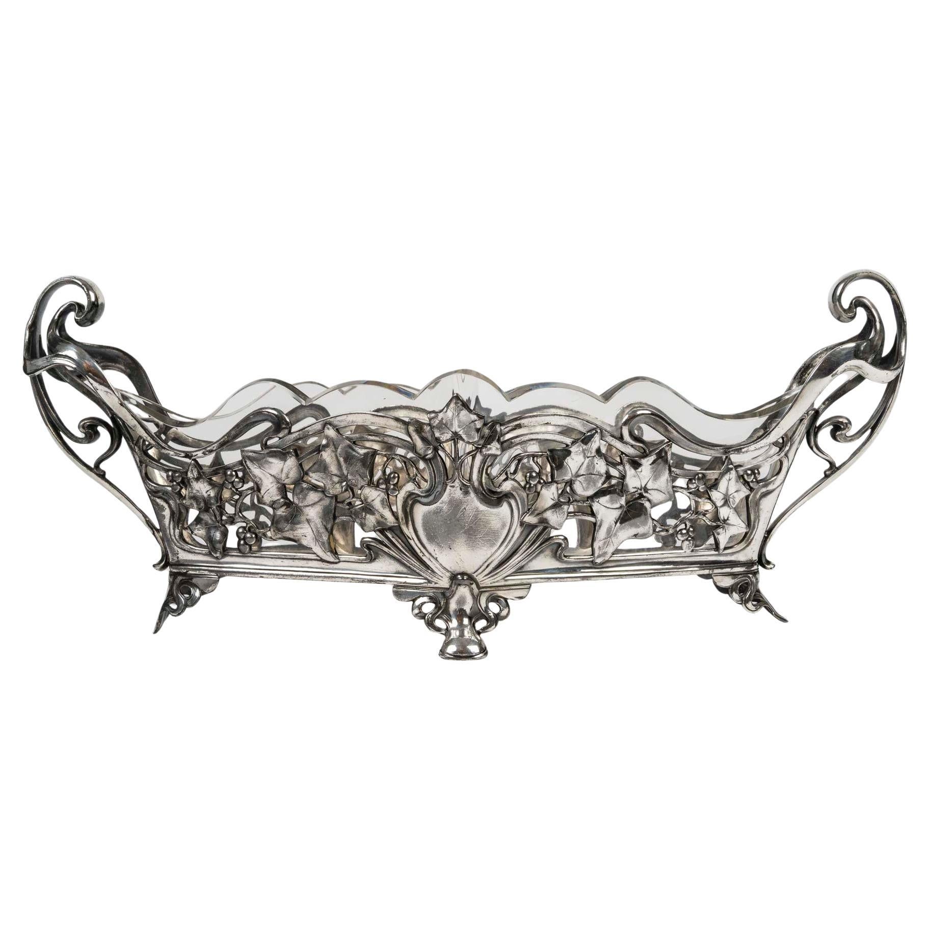 Silver Plated Metal and Crystal Bowl, Art Nouveau Period, 1900.