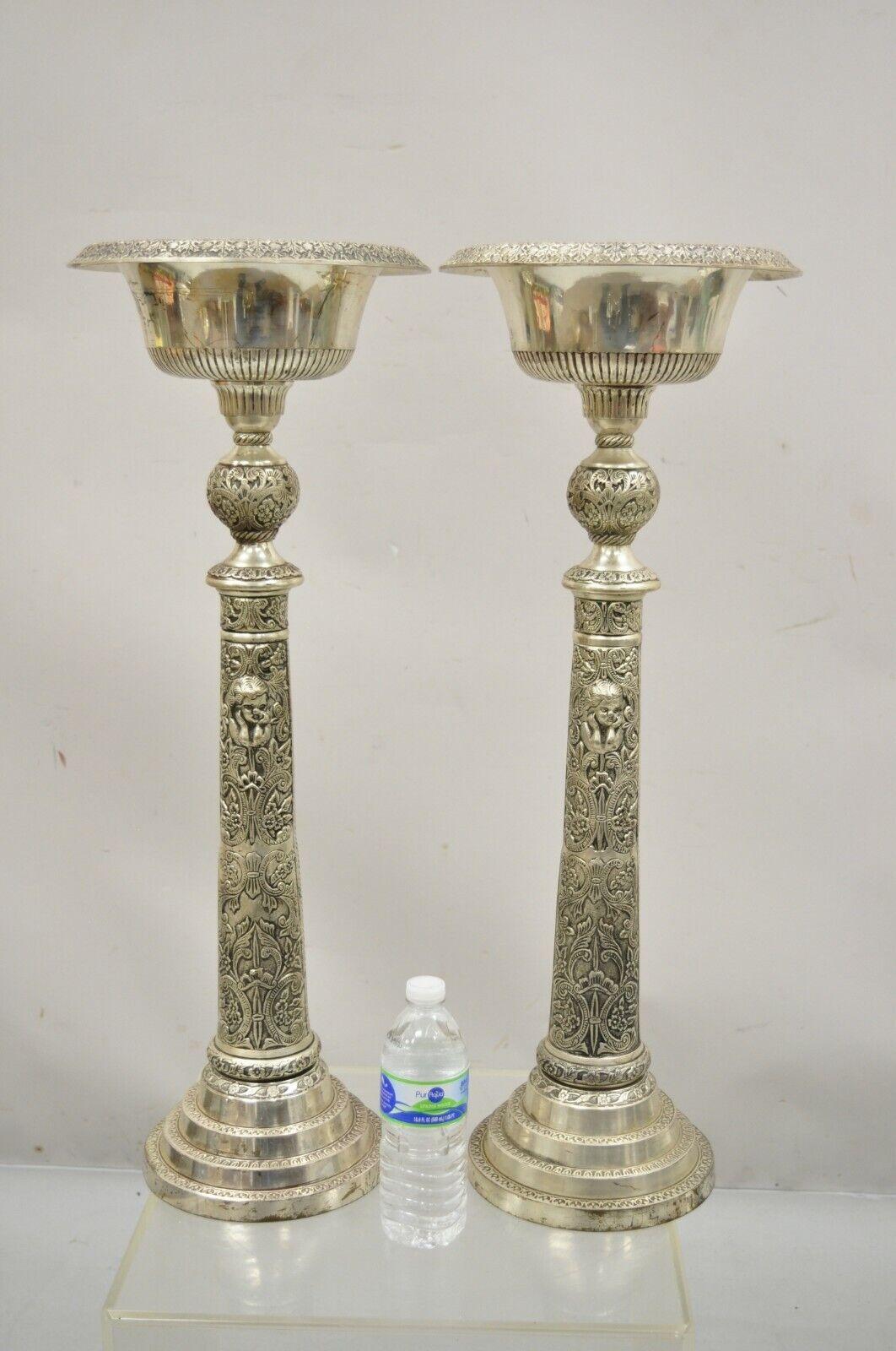 Silver Plated Metal Tall Ornate French Style Compote Centerpiece, a Pair For Sale 7