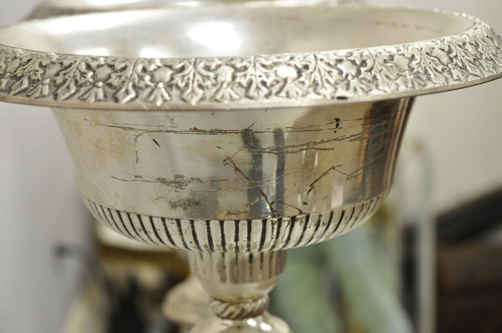 20th Century Silver Plated Metal Tall Ornate French Style Compote Centerpiece, a Pair For Sale