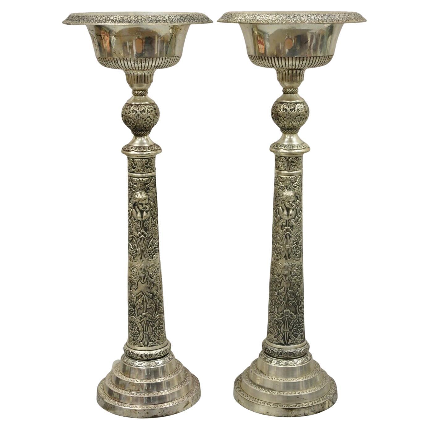 Silver Plated Metal Tall Ornate French Style Compote Centerpiece, a Pair For Sale