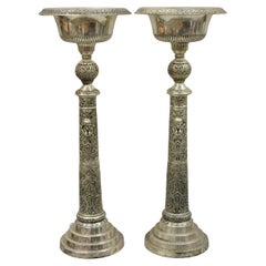 Silver Plated Metal Tall Ornate French Style Compote Centerpiece, a Pair