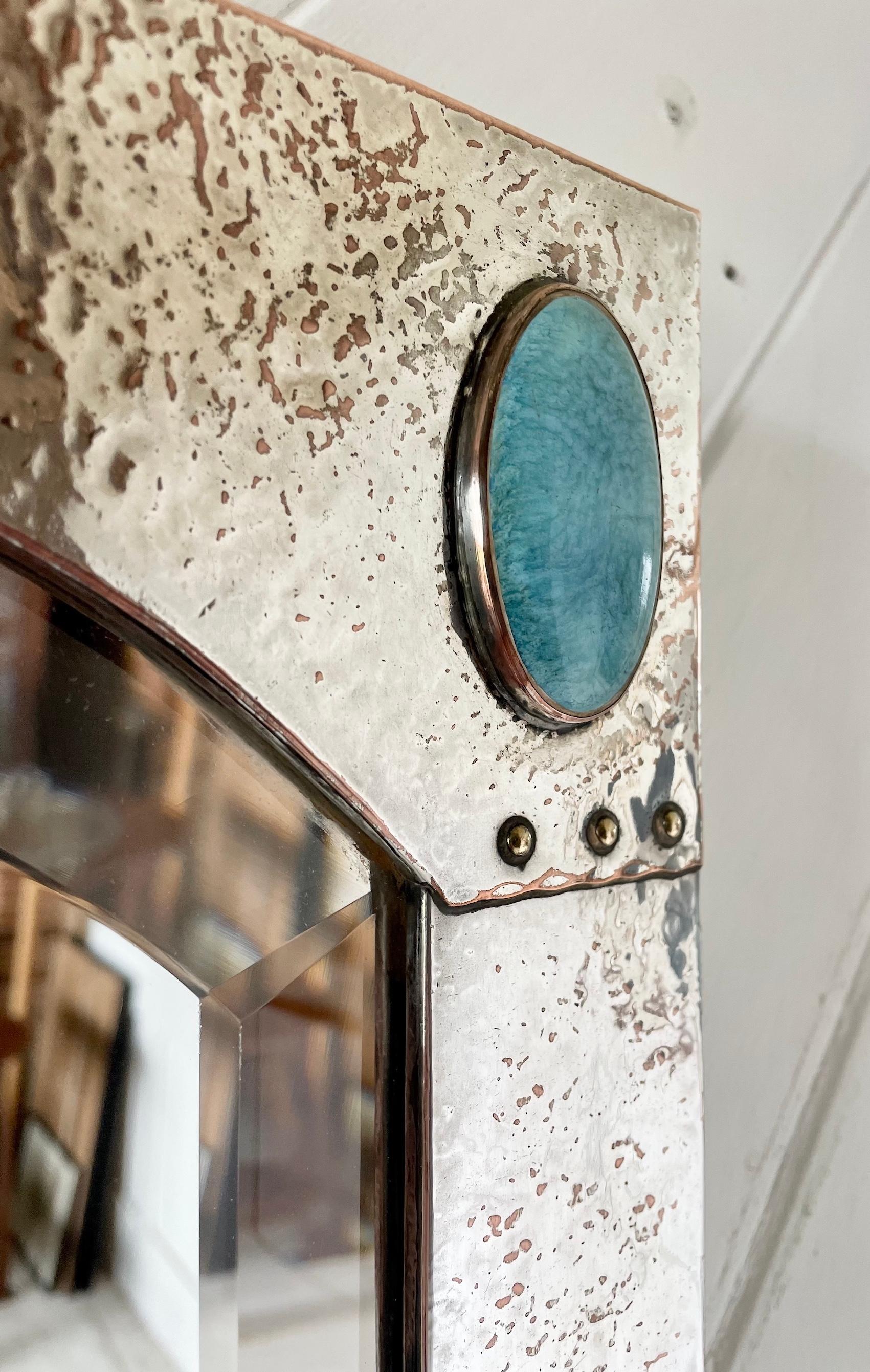 English Silver Plated Mirror With Ruskin Ceramic Inserts For Sale