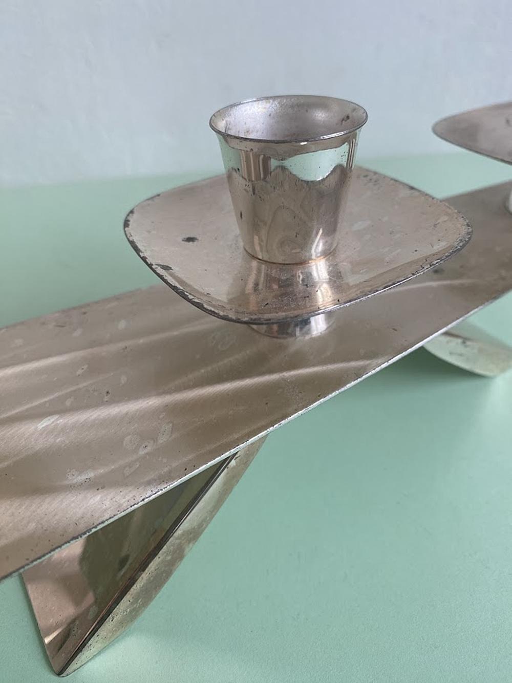 Silver-Plated Modernist Triple Candle Holder 1960s For Sale 6
