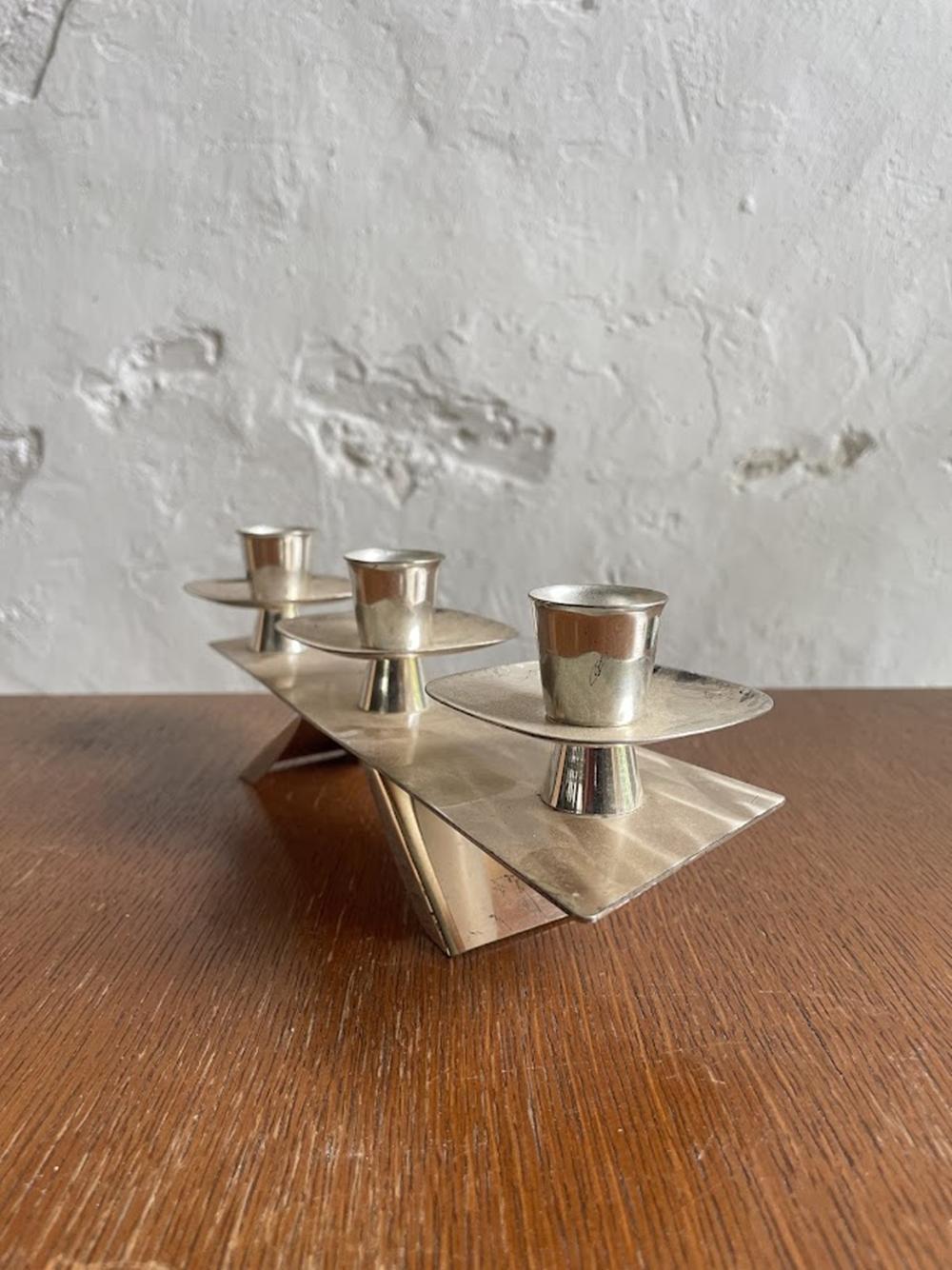 Silver-Plated Modernist Triple Candle Holder 1960s In Good Condition For Sale In Debrecen, HU