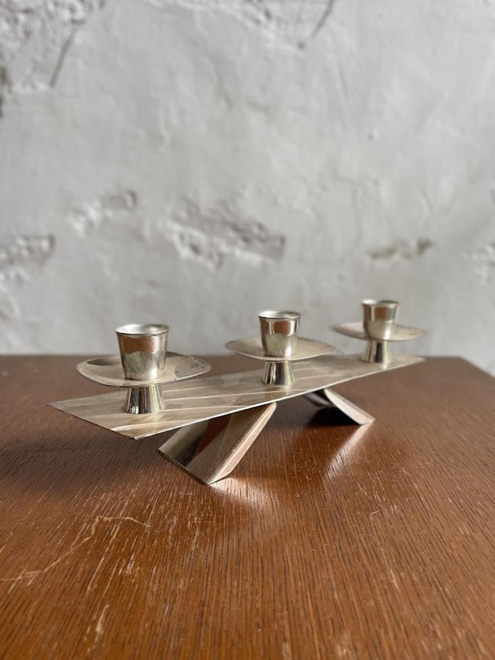 Mid-20th Century Silver-Plated Modernist Triple Candle Holder 1960s For Sale