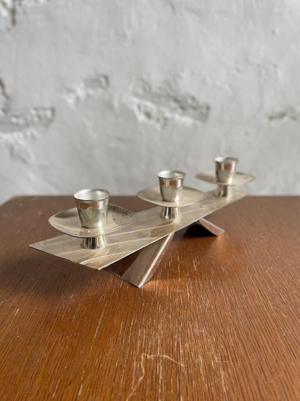 Silver Plate Silver-Plated Modernist Triple Candle Holder 1960s For Sale