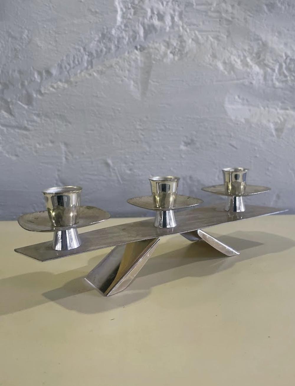 Silver-Plated Modernist Triple Candle Holder 1960s For Sale 4