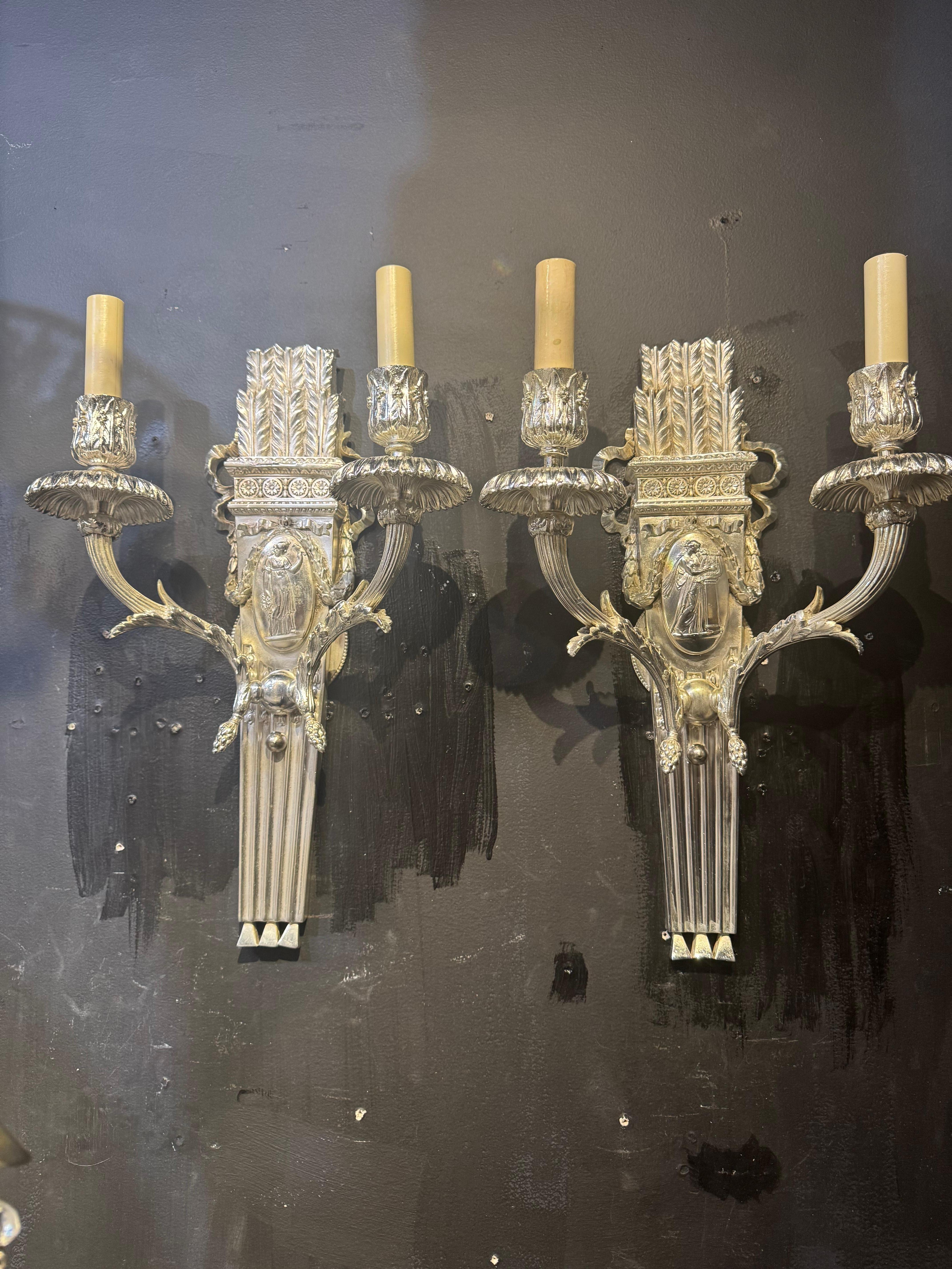Silver plated Neoclassic Caldwell sconces For Sale 2