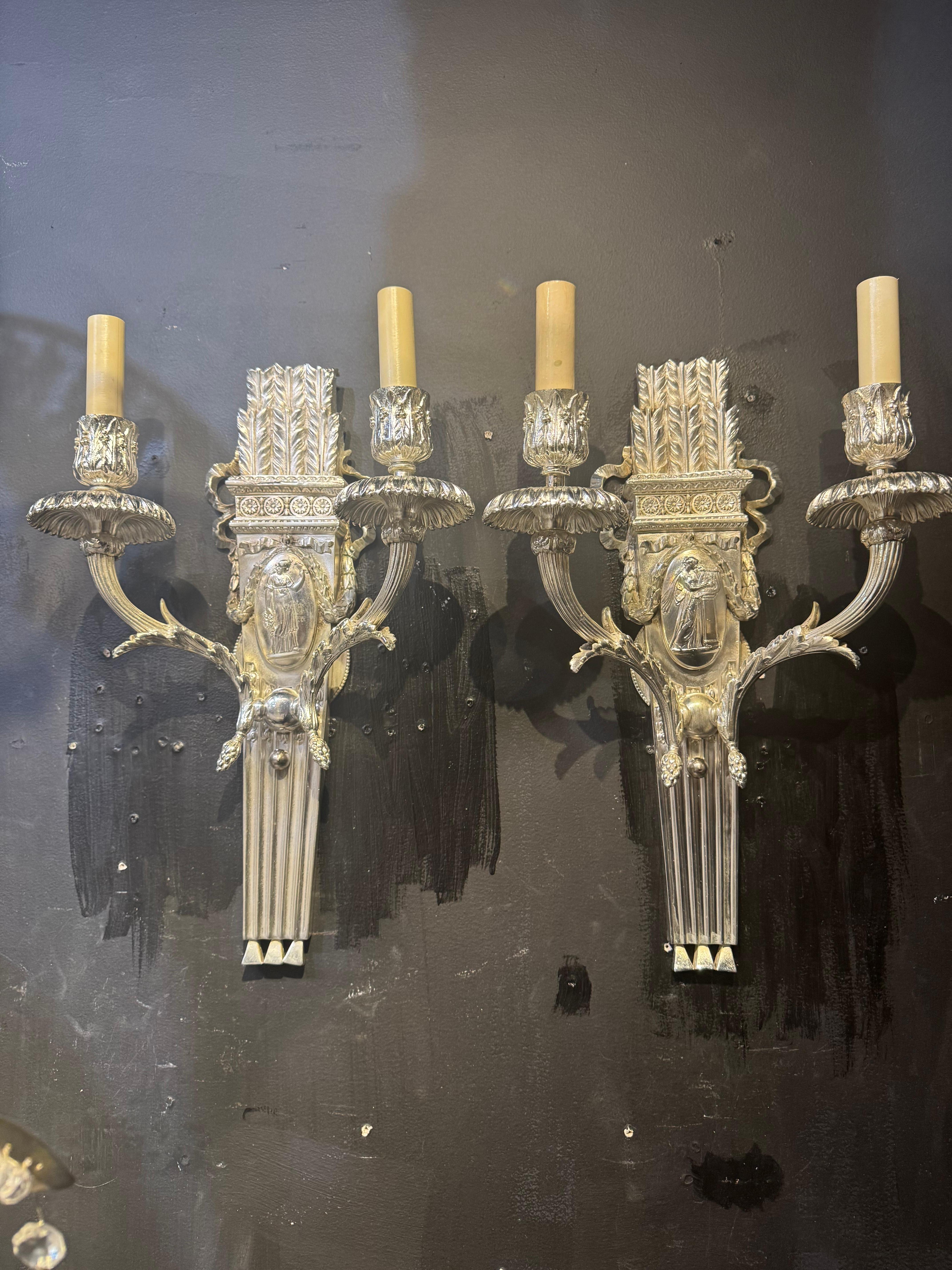 Silver plated Neoclassic Caldwell sconces For Sale 3