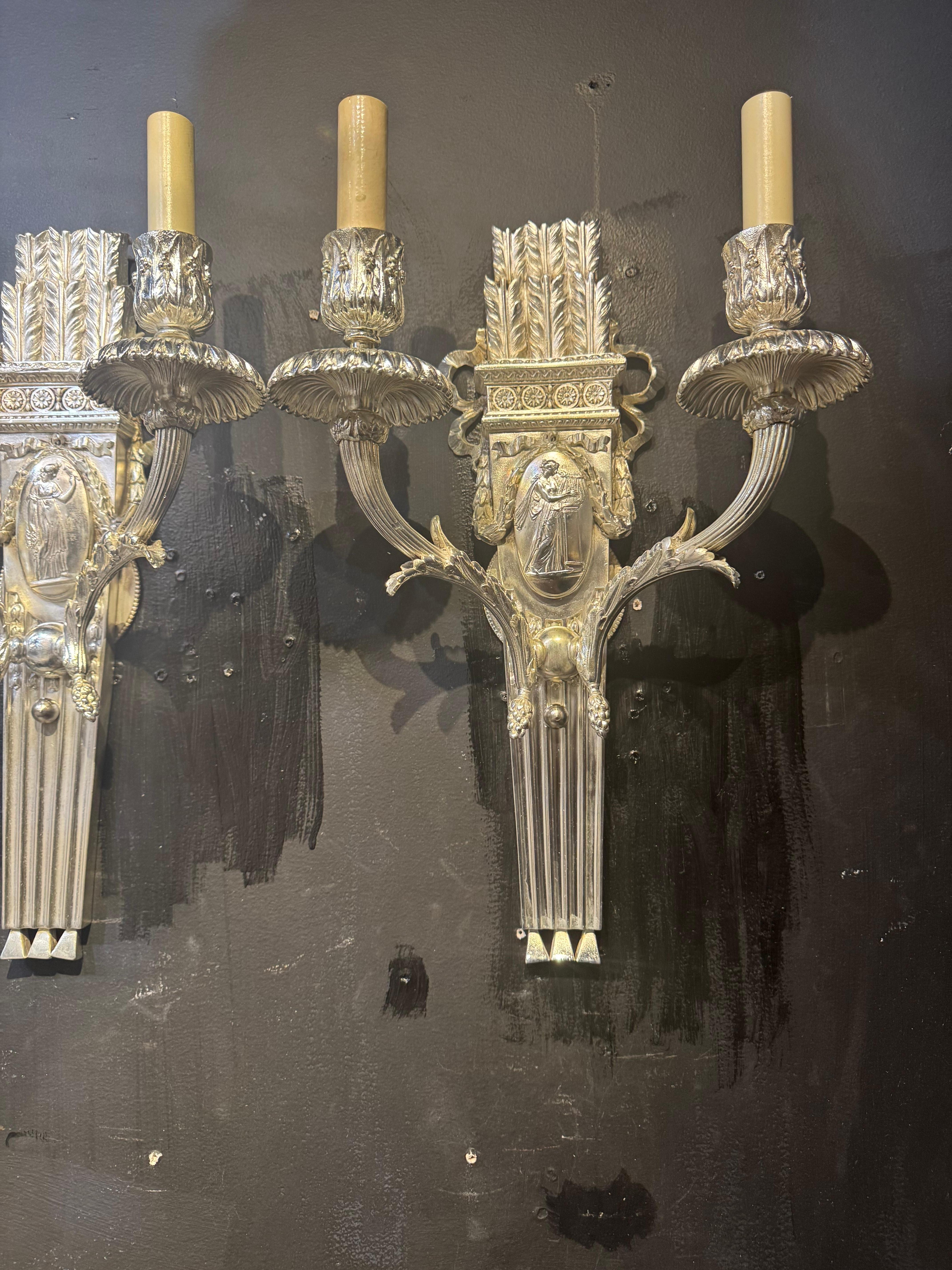 Bronze Silver plated Neoclassic Caldwell sconces For Sale