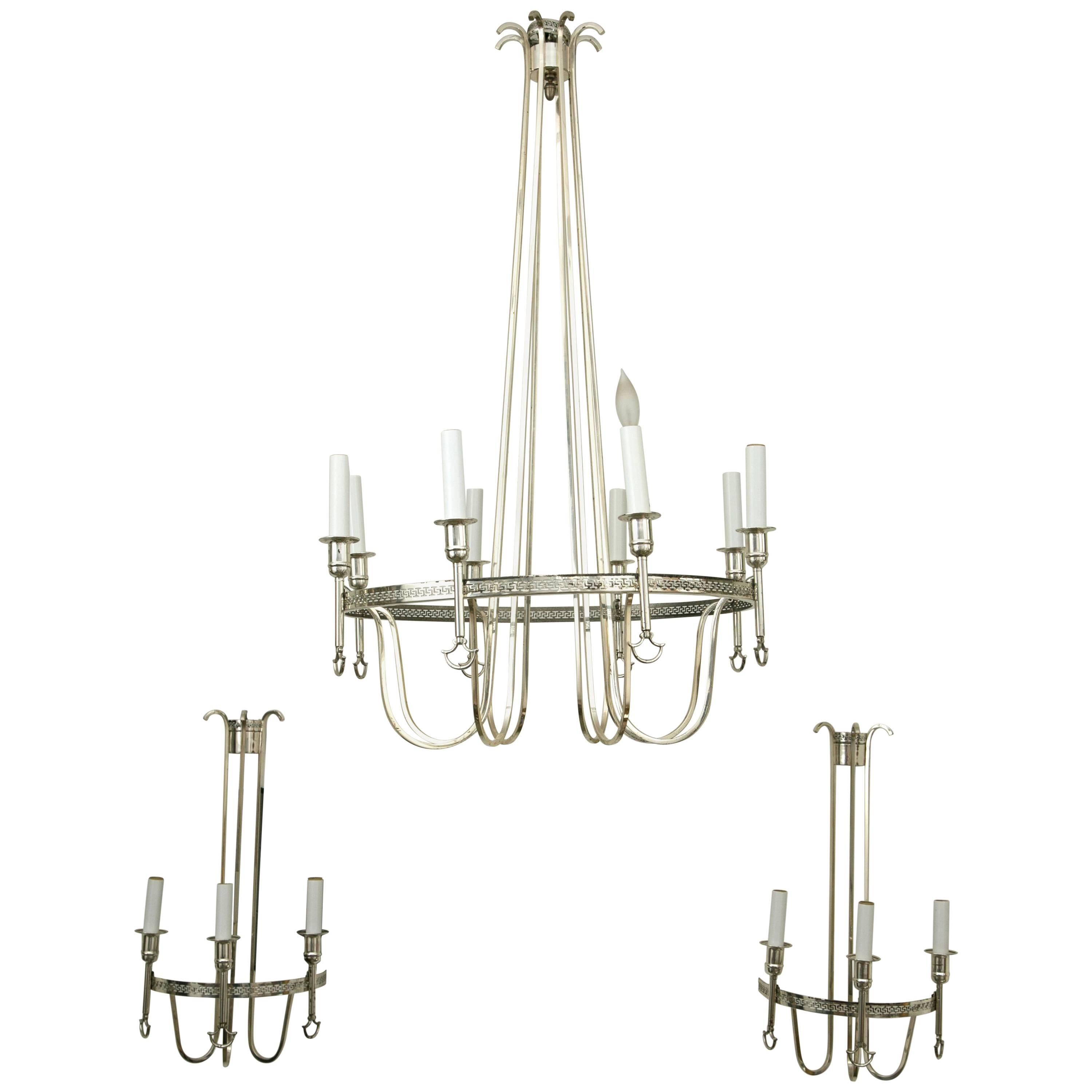 Silver Plated Neoclassic Chandelier and Pair of Wall Sconces For Sale
