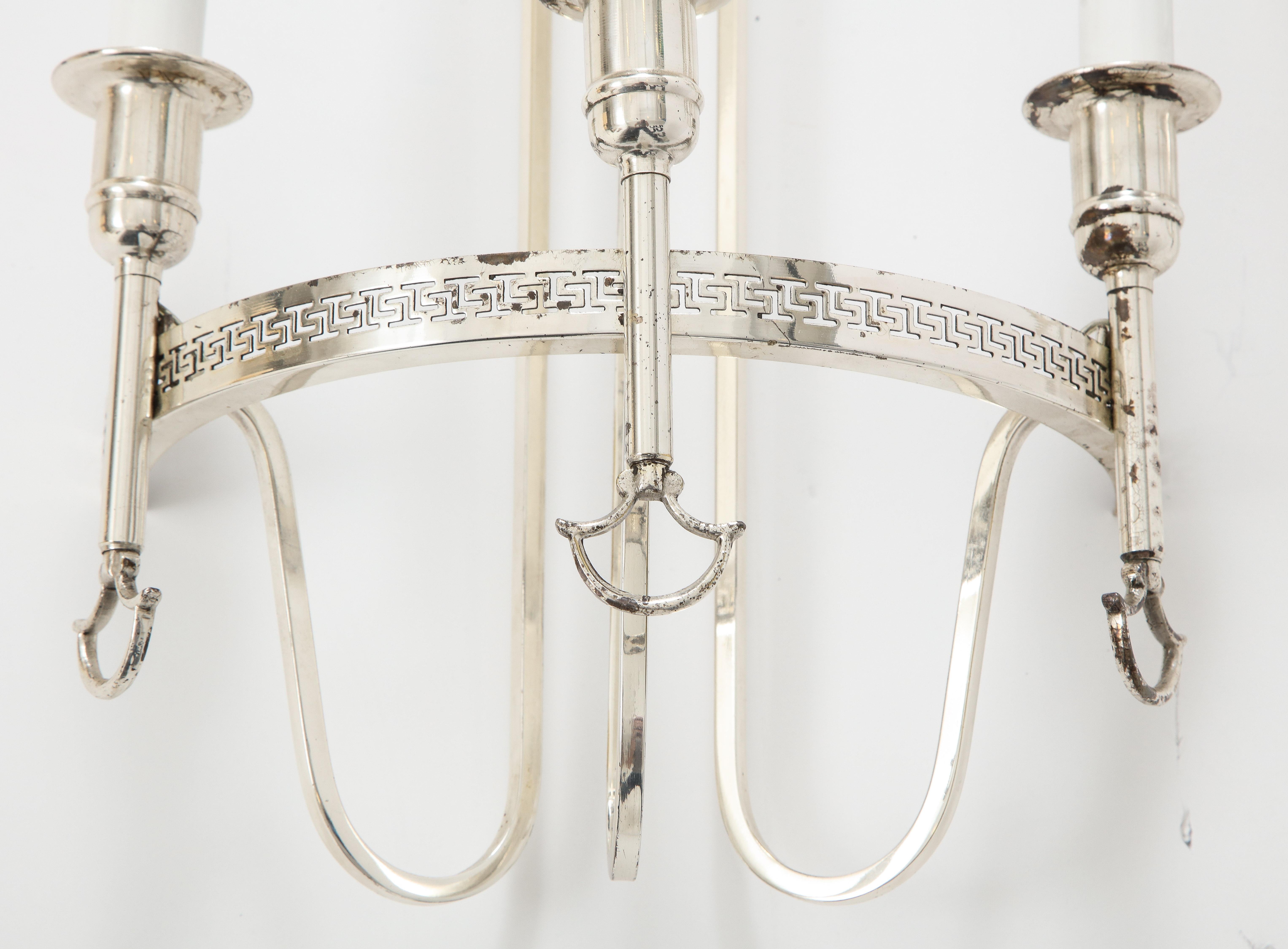 Silver Plated Neoclassic Chandelier and Pair of Wall Sconces For Sale 5