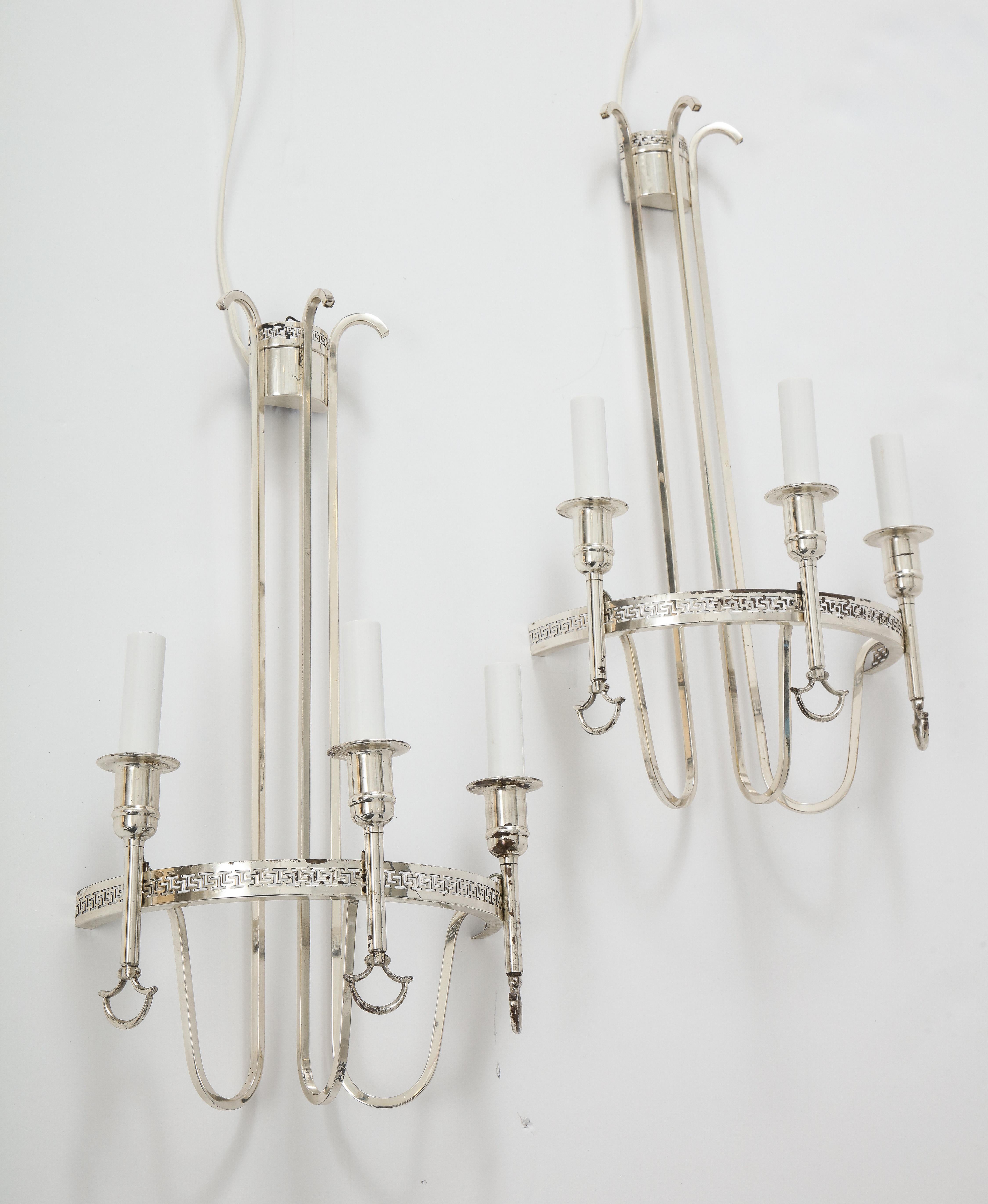 Silver Plated Neoclassic Chandelier and Pair of Wall Sconces For Sale 7