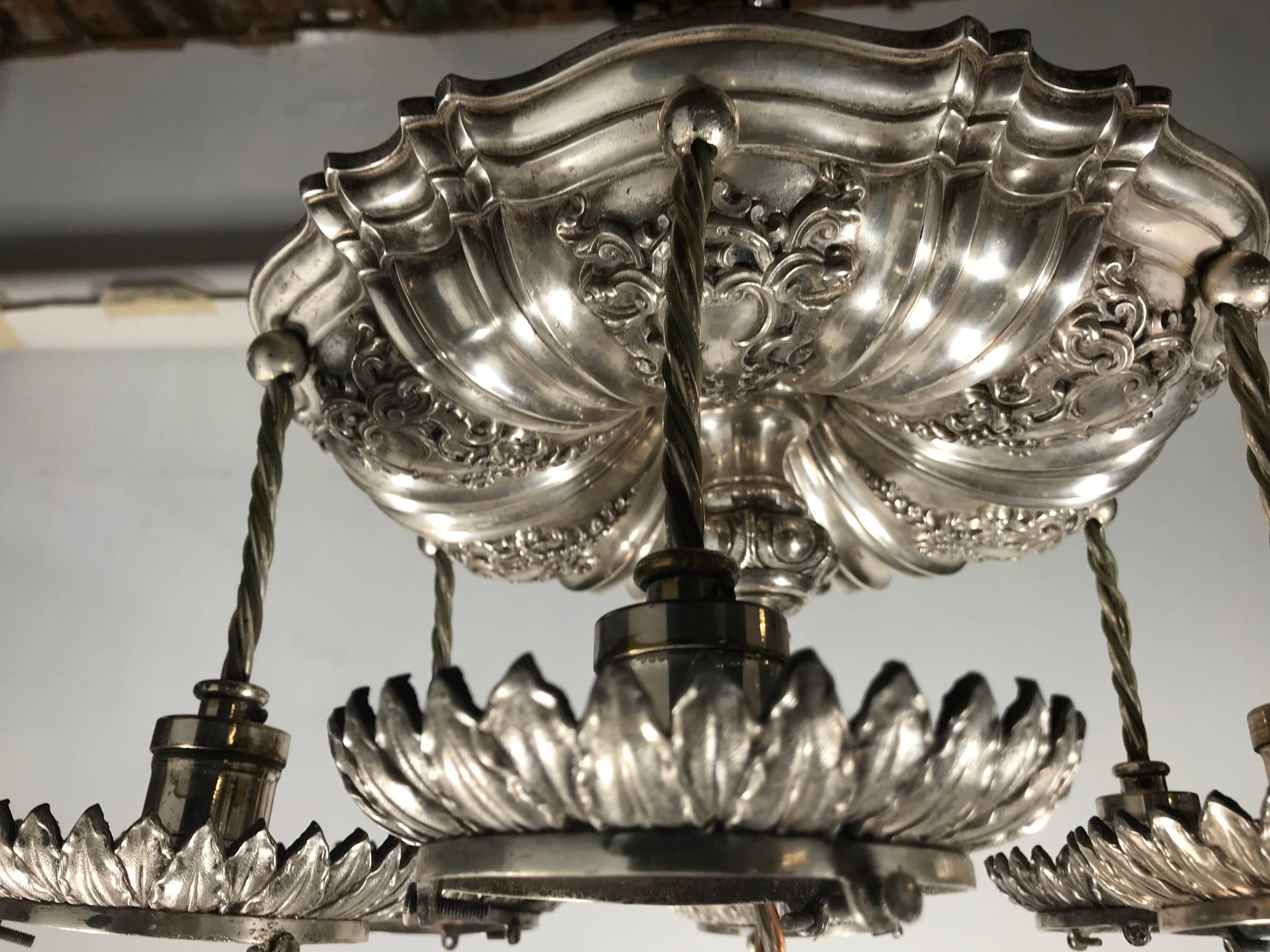 Silver Plated Neoclassic Style Caldwell Pendant Chandelier, circa 1920s In Good Condition For Sale In Buffalo, NY