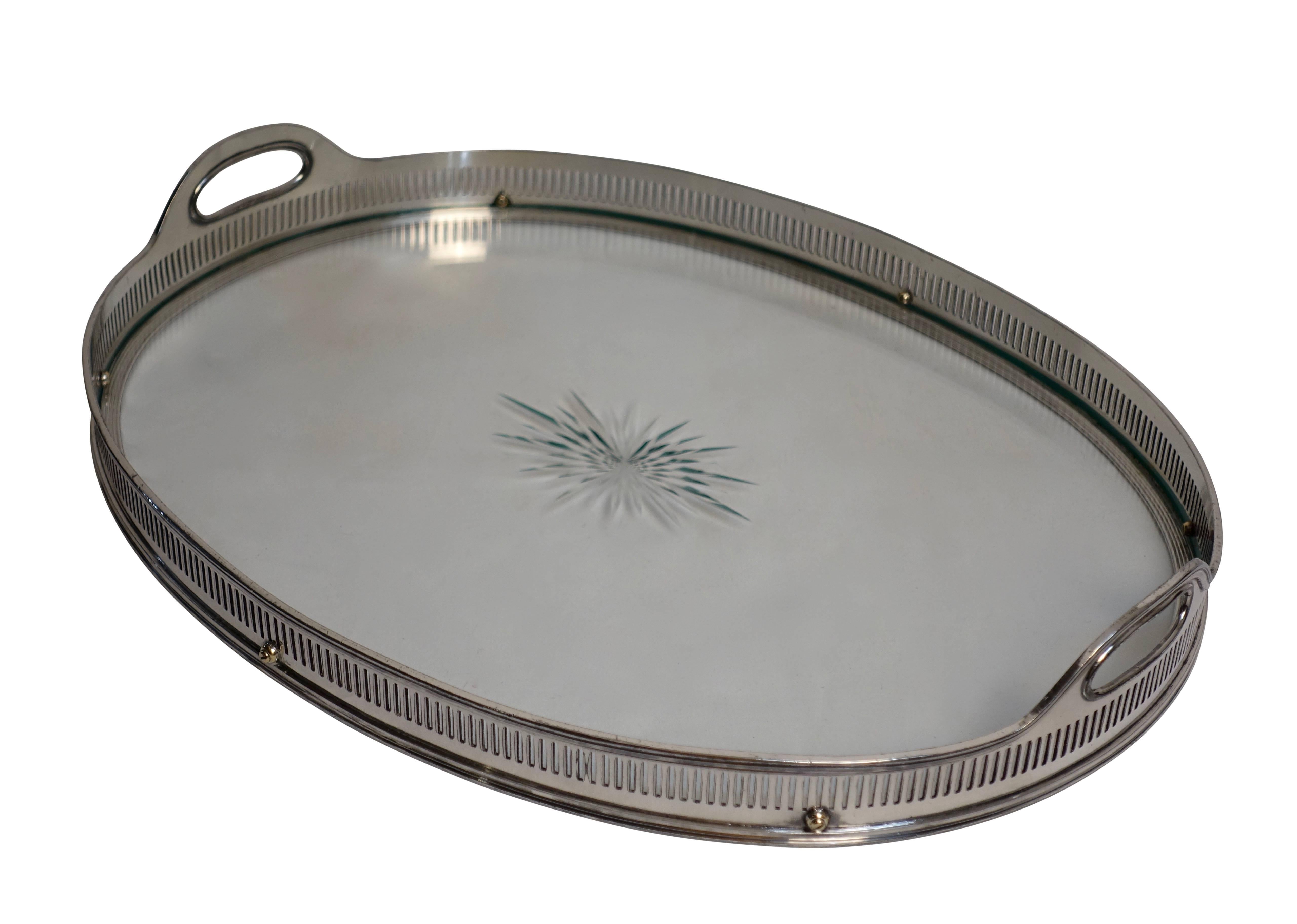 American Silver Plated Oval Tray with Cut Glass Bottom