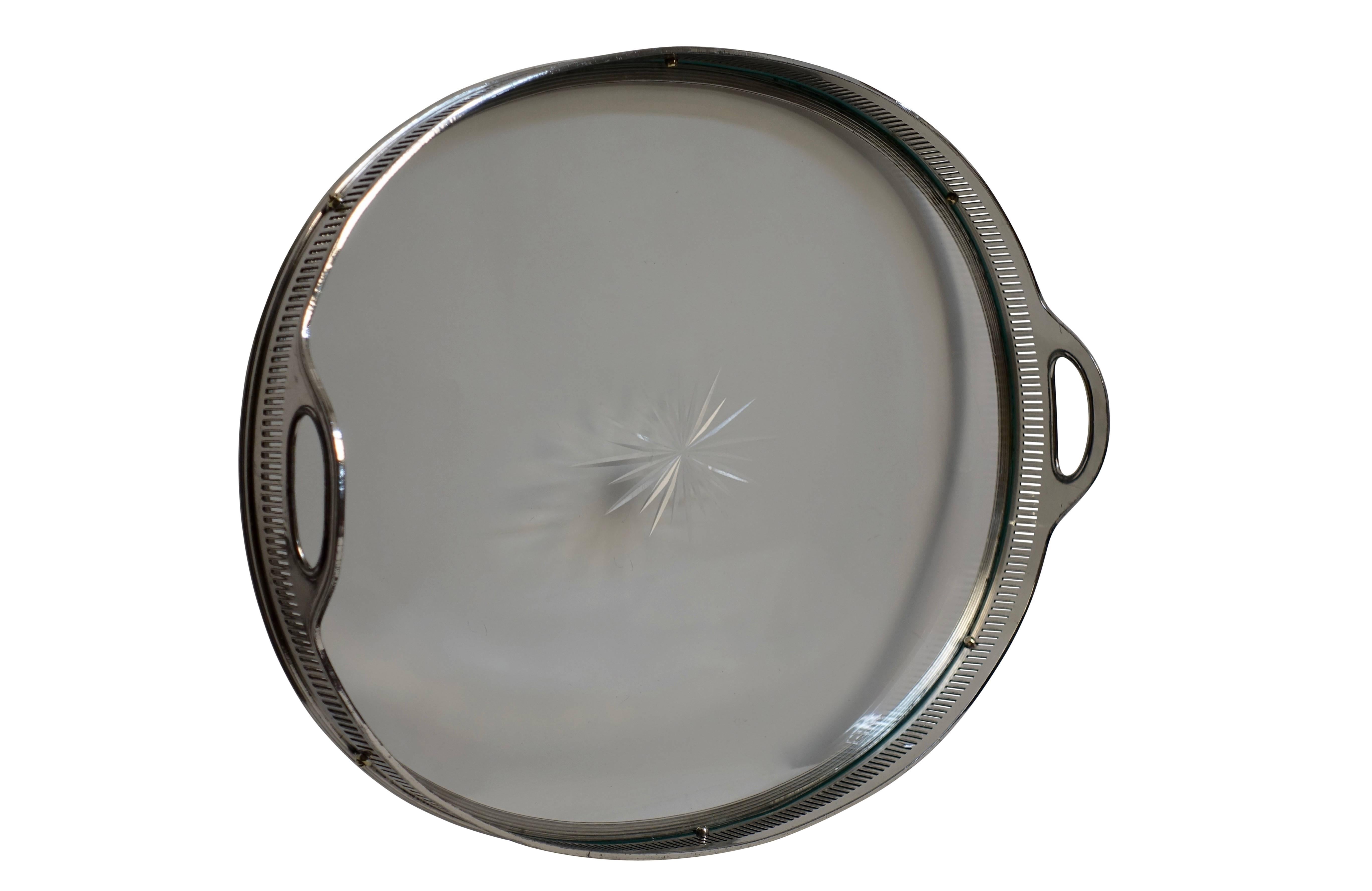 Silver Plated Oval Tray with Cut Glass Bottom In Good Condition In San Francisco, CA