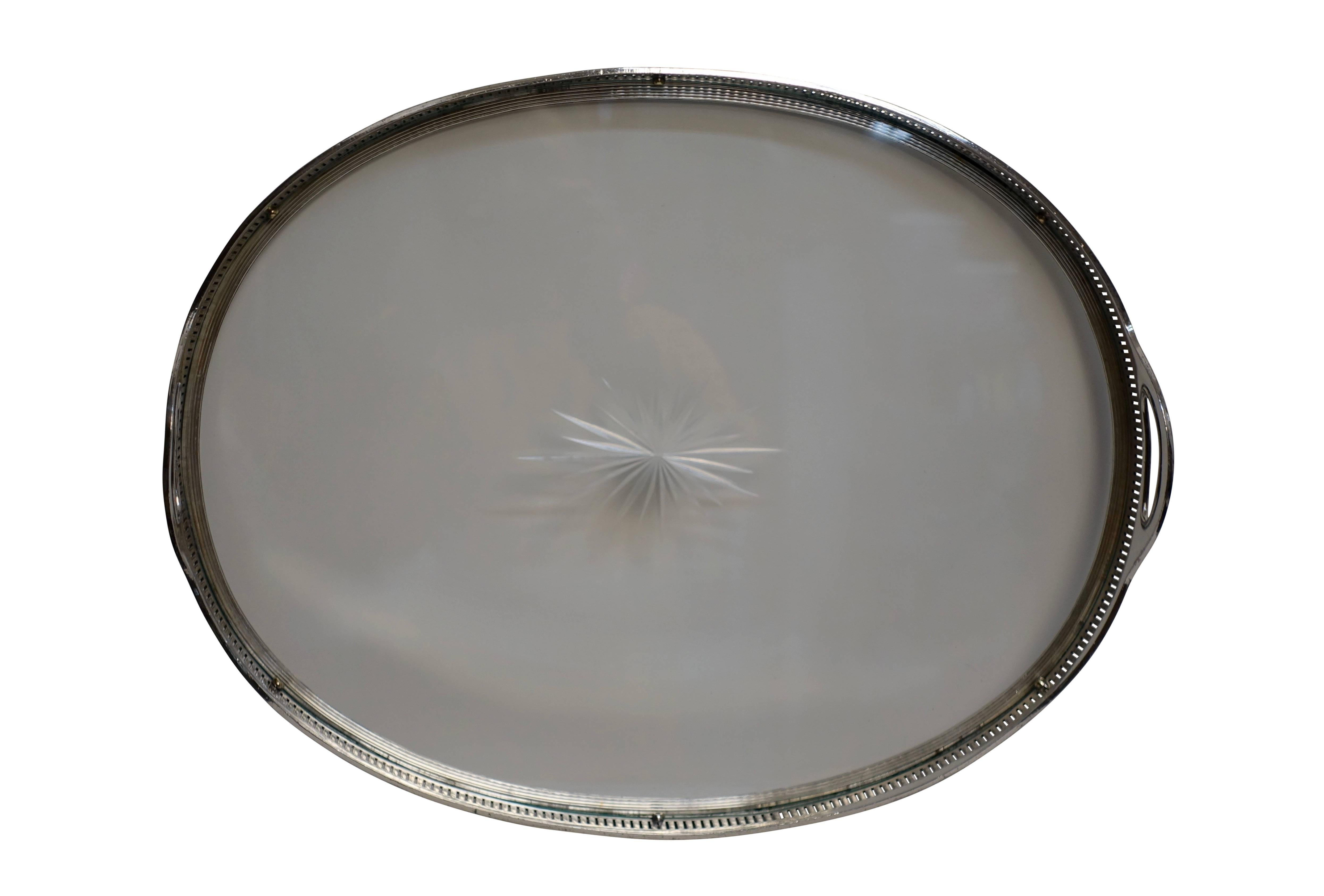 20th Century Silver Plated Oval Tray with Cut Glass Bottom