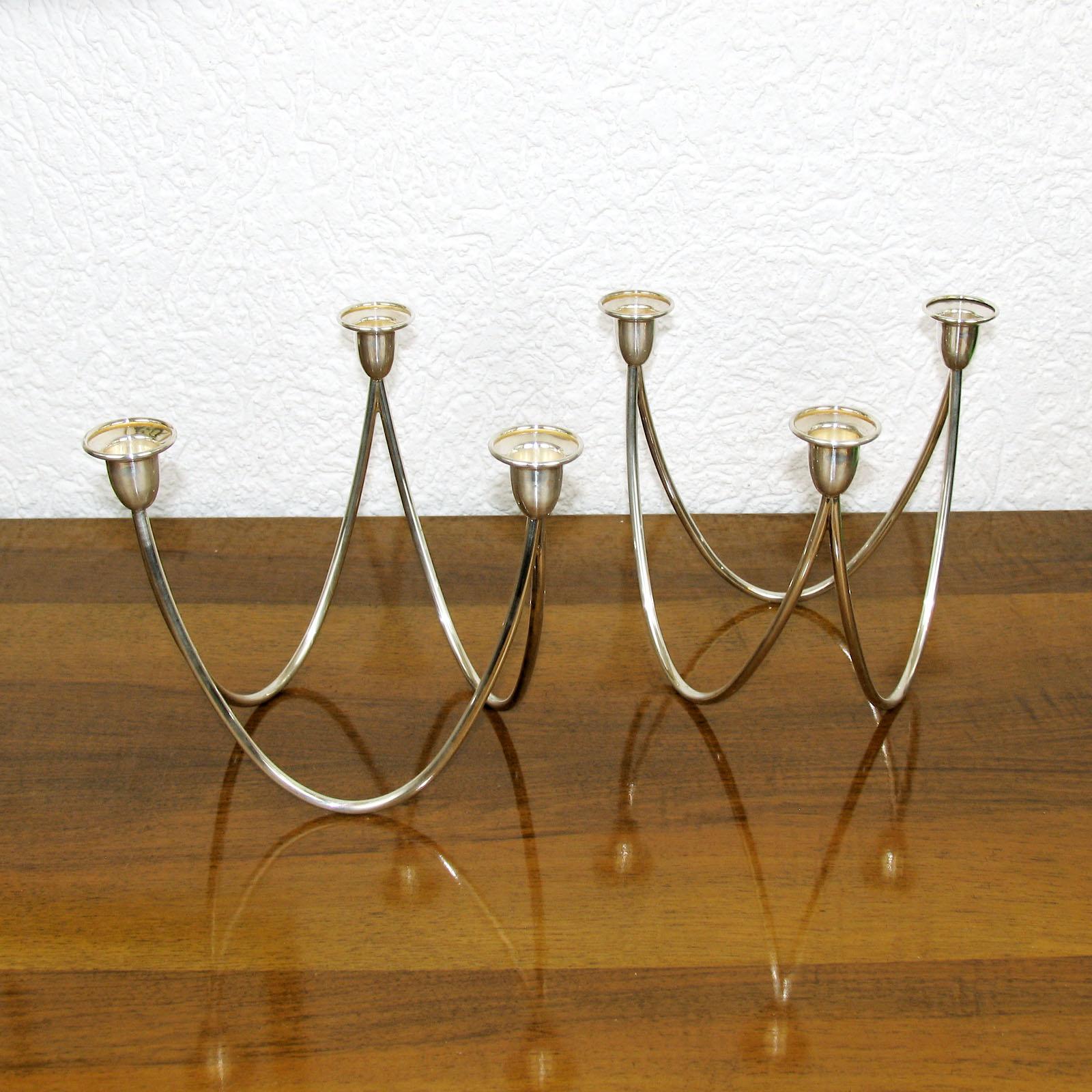 Scandinavian Modern Silver Plated Pair of Candle Holders Marked Calegaro For Sale