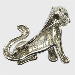 Silver Plated Pavé Leopard Brooch with Black Enamel and Green Eyes
