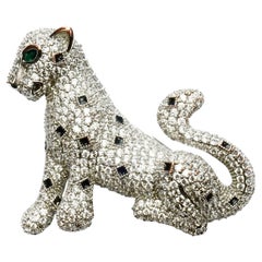 Silver Plated Pavé Leopard Brooch with Black Enamel and Green Eyes