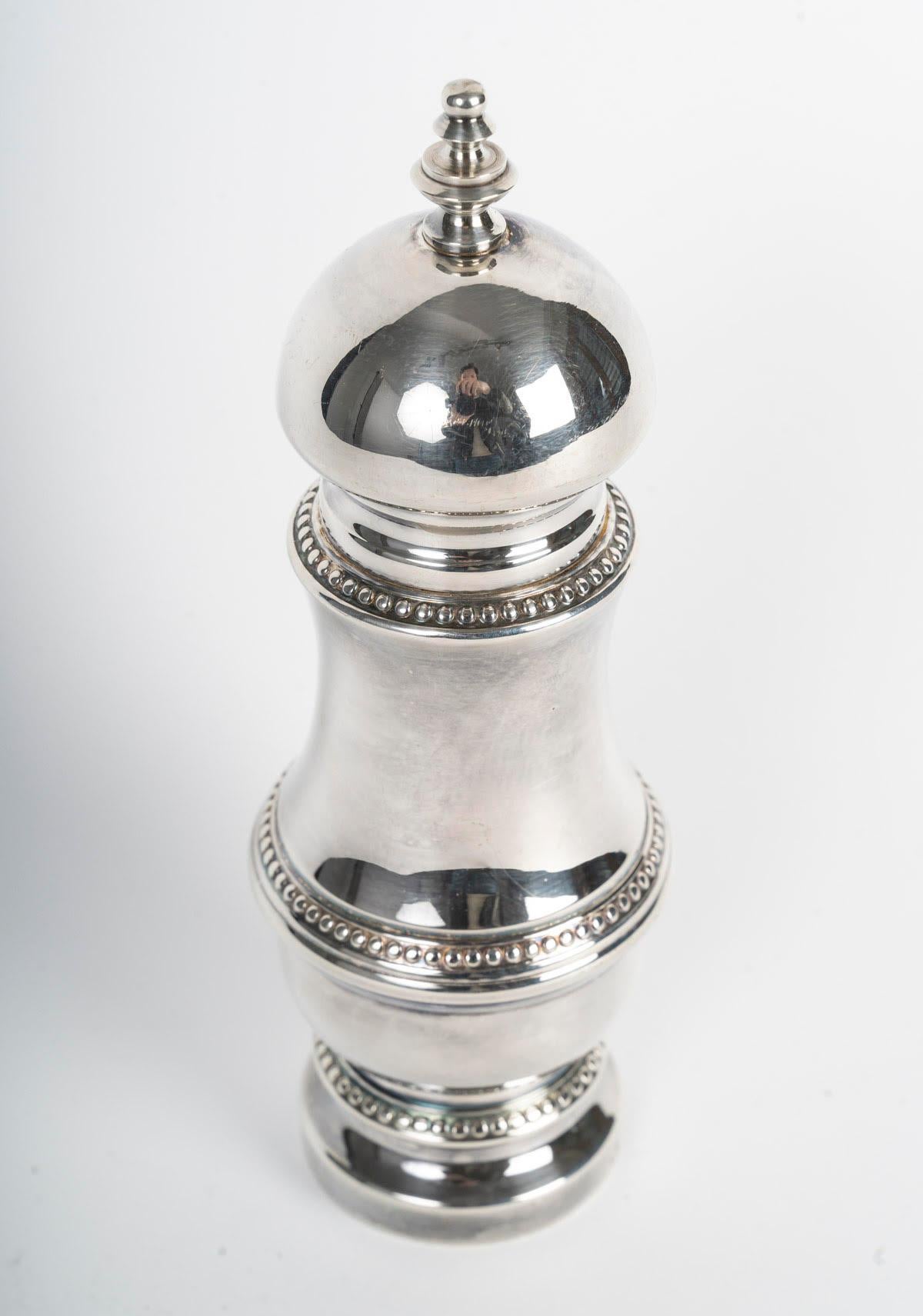 Vasetto per il pepe placcato in argento, stile Napoleone III, 20° secolo.

Vasetto per il pepe in argento in stile Napoleone III, 20° secolo.
H. 19 cm, D. 6,5 cm