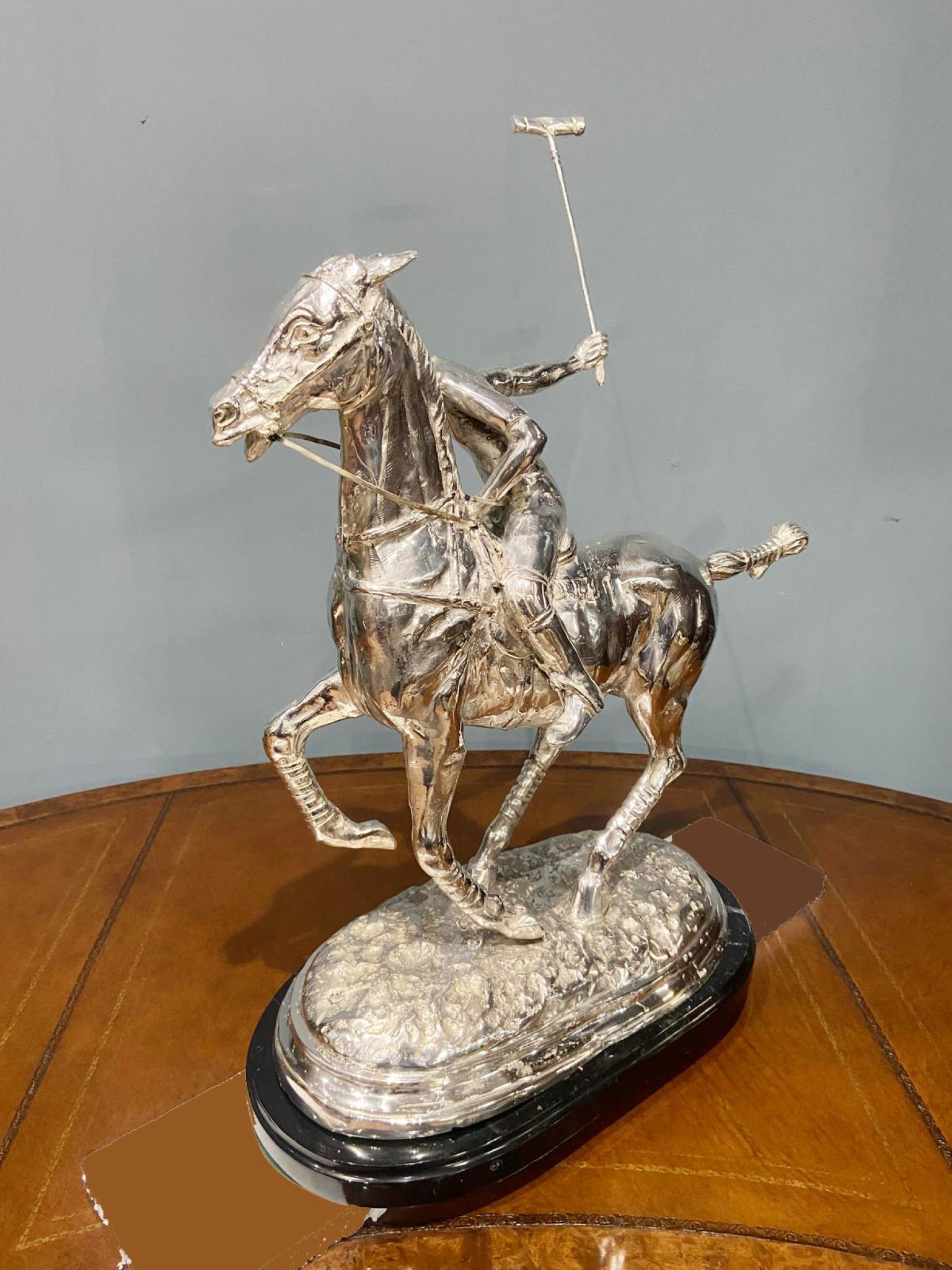 Silver Plated Polo Player Bronze Statue Horse Jockey Plate In Good Condition For Sale In Potters Bar, GB
