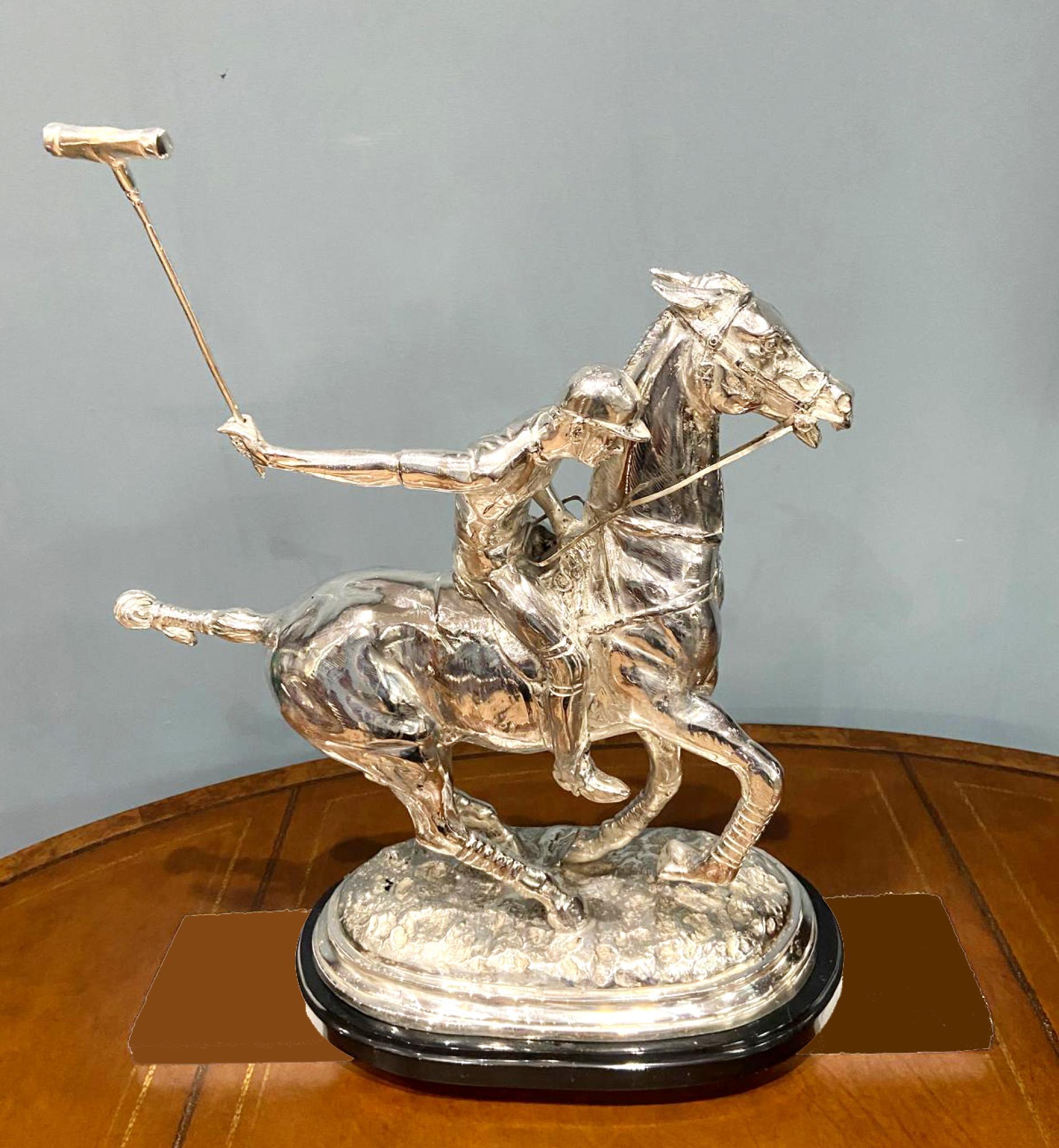 Late 20th Century Silver Plated Polo Player Bronze Statue Horse Jockey Plate For Sale