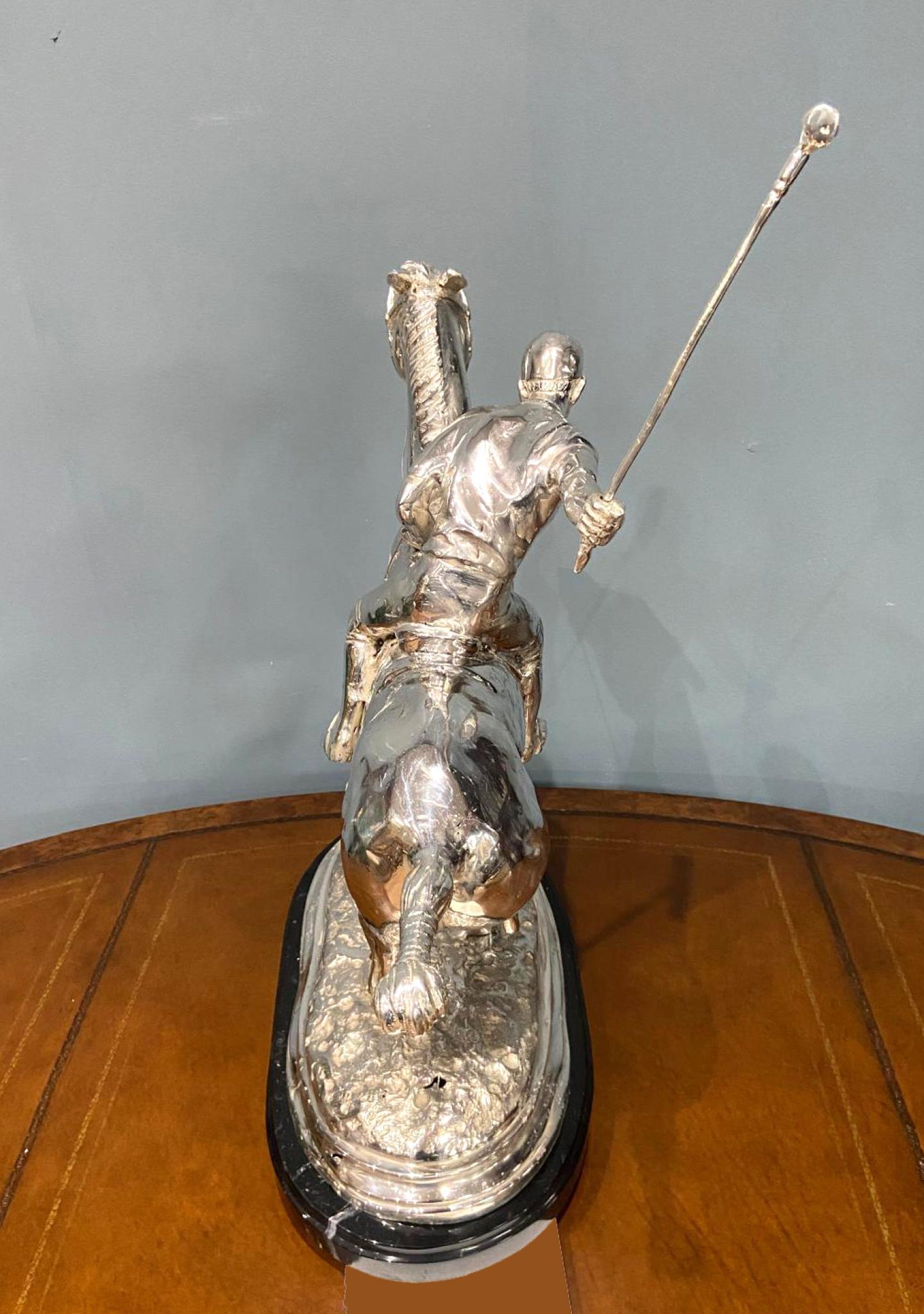 Silver Plated Polo Player Bronze Statue Horse Jockey Plate For Sale 1