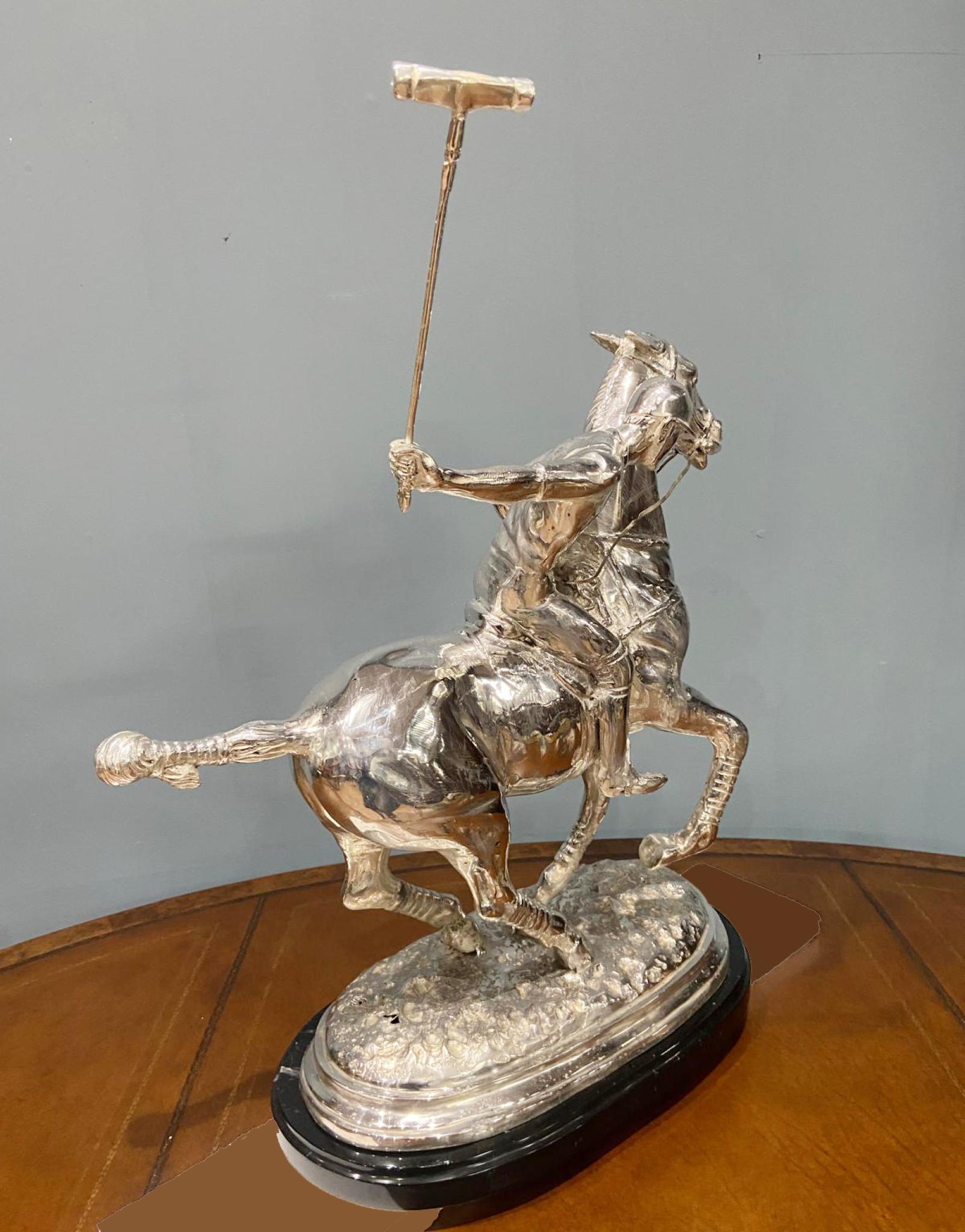 Silver Plated Polo Player Bronze Statue Horse Jockey Plate For Sale 2