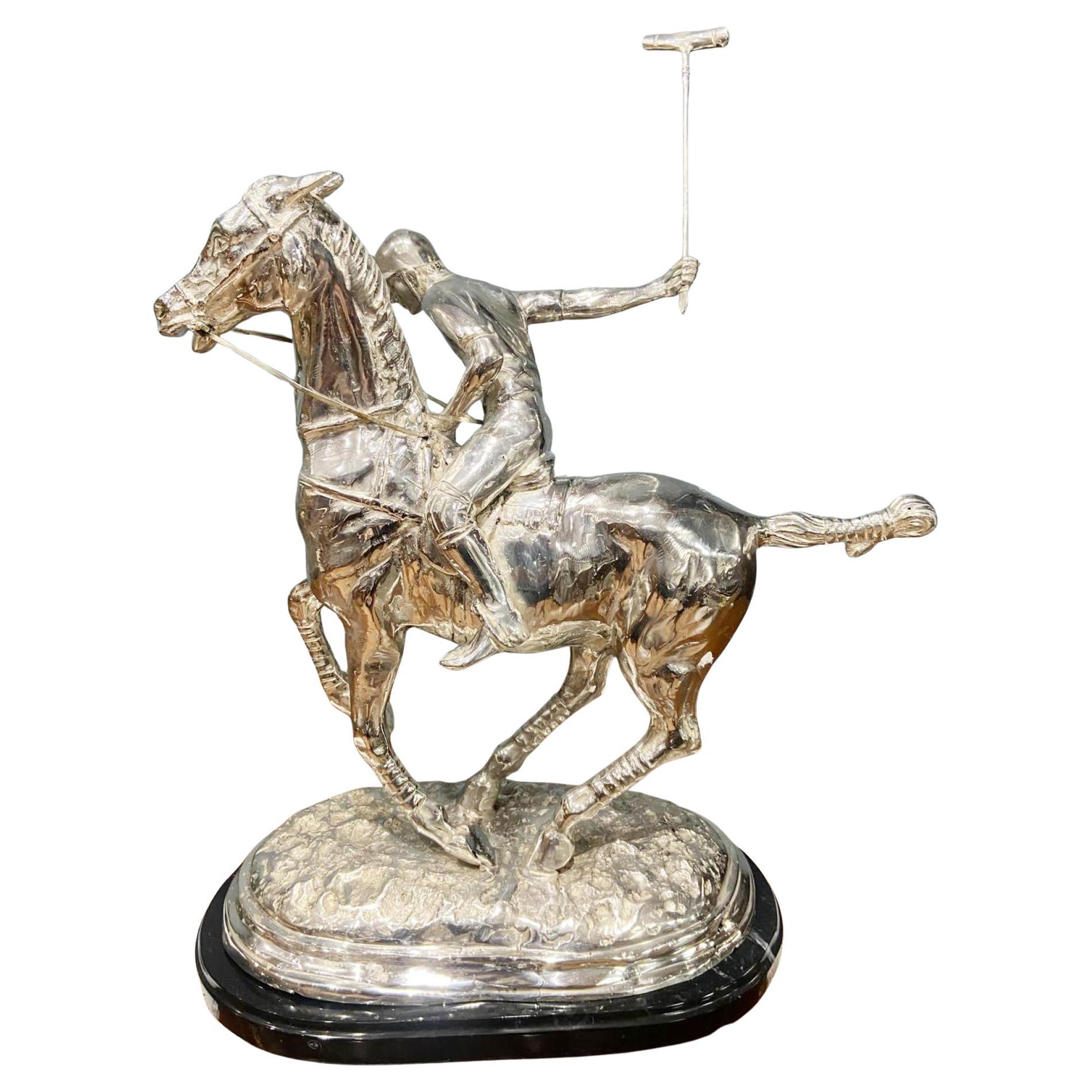 Silver Plated Polo Player Bronze Statue Horse Jockey Plate For Sale