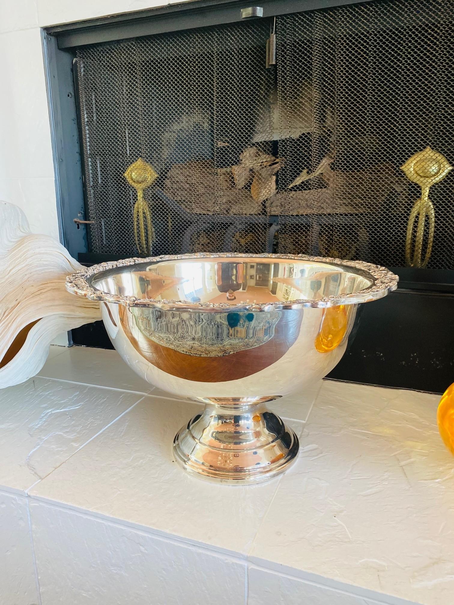 Cast Silver Plated Punch Bowl with Flower Shell Rim Design