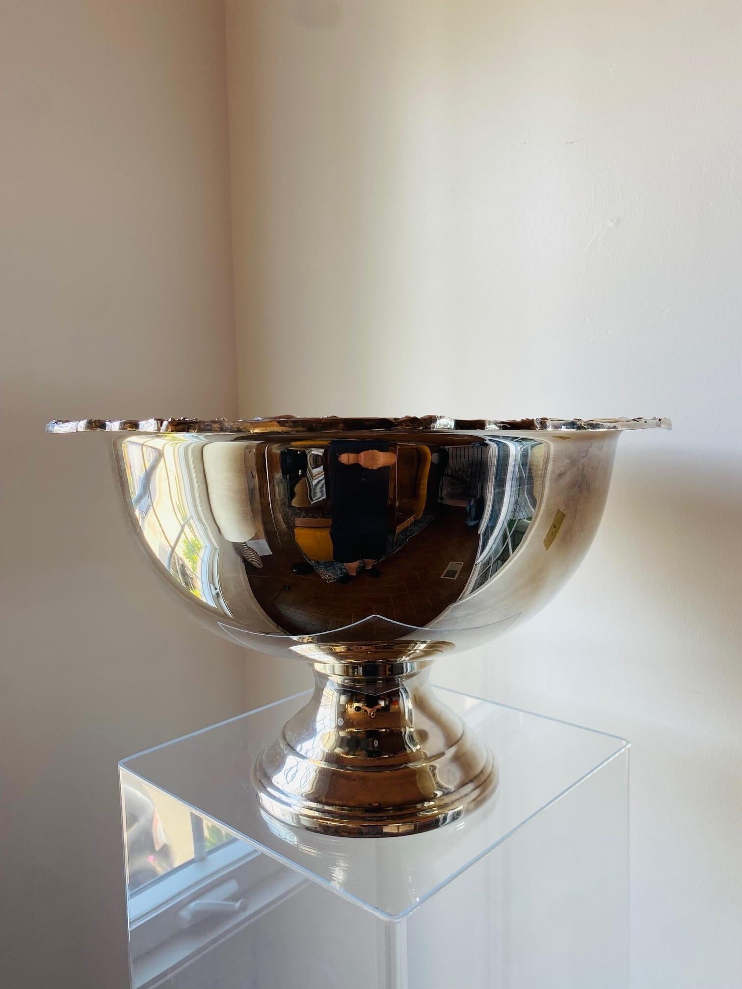 Late 20th Century Silver Plated Punch Bowl with Flower Shell Rim Design