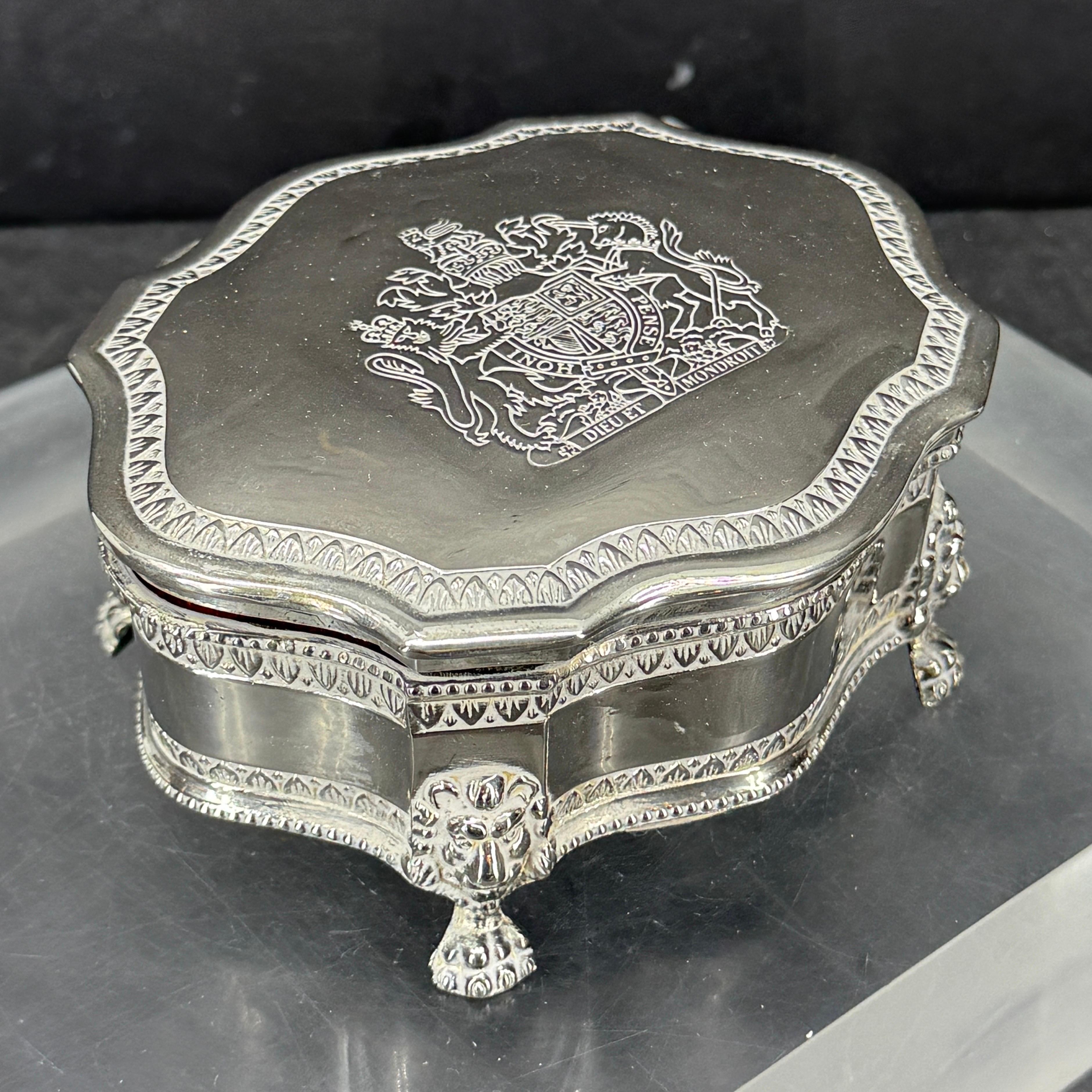 European Silver Plated Rectangular Crest Lion Footed Box with Lid For Sale