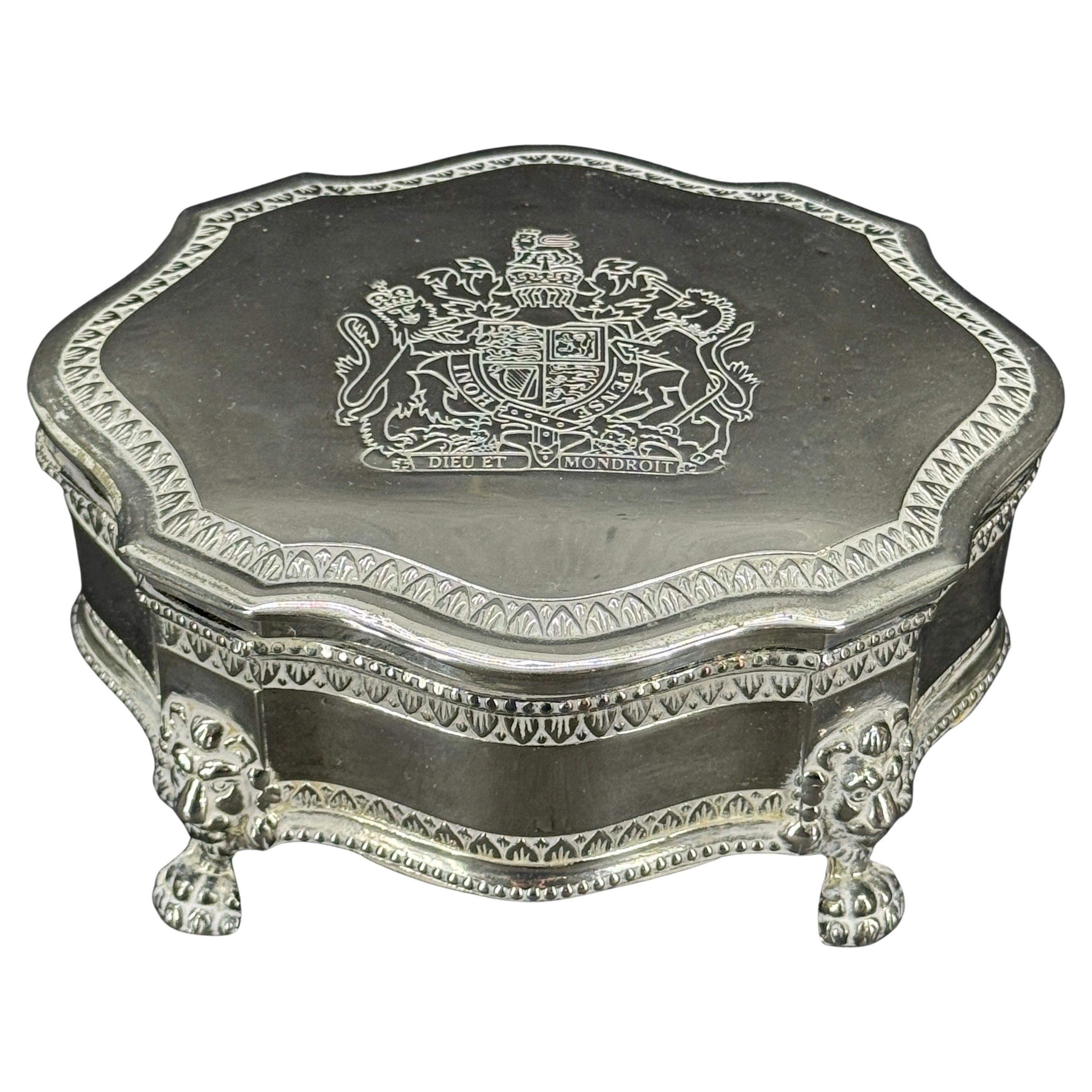 Silver Plated Rectangular Crest Lion Footed Box with Lid For Sale