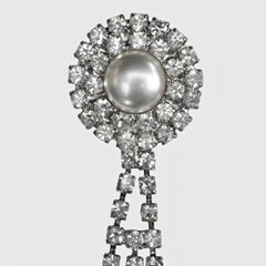 Silver Plated Rhinestone and Faux Pearl Dangle Statement Brooch circa 1950s