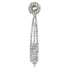 Silver Plated Rhinestone and Faux Pearl Dangle Statement Brooch circa 1950s