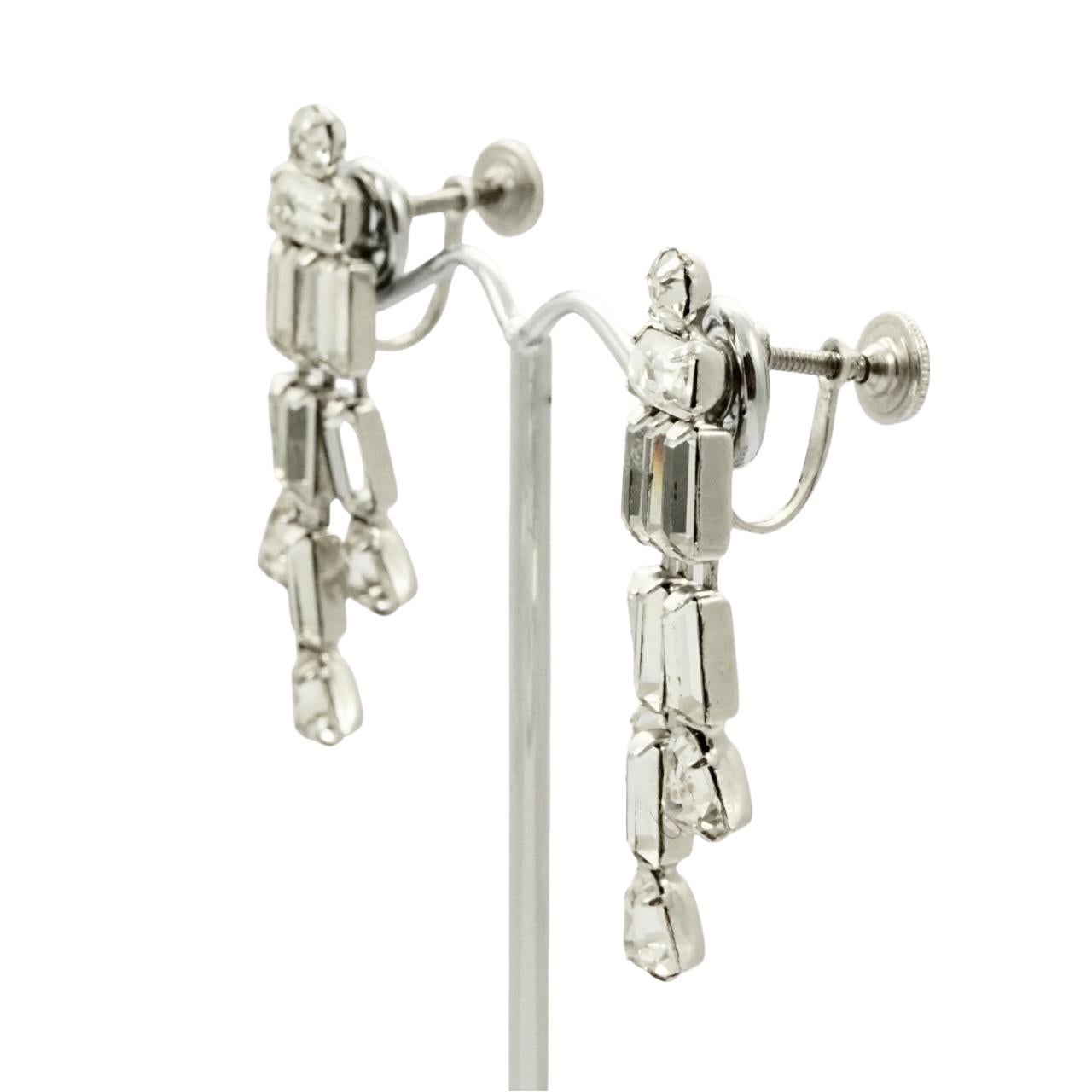 Women's or Men's Silver Plated Rhinestone Drop Screw Back Earrings circa 1930s For Sale