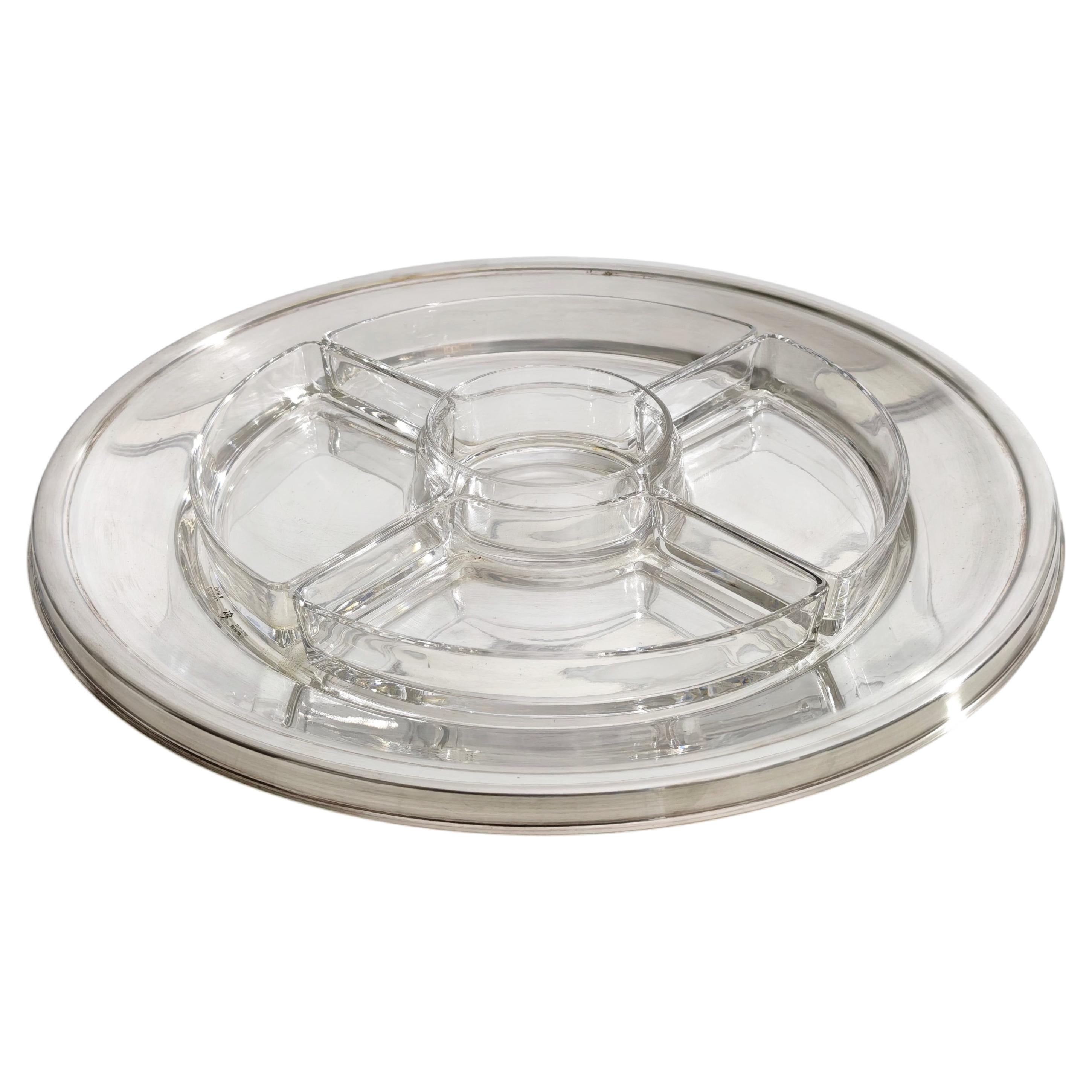 Silver Plated Serving Pieces Appetizer Dish Round 5 Sectors Glass MidCentury 70s