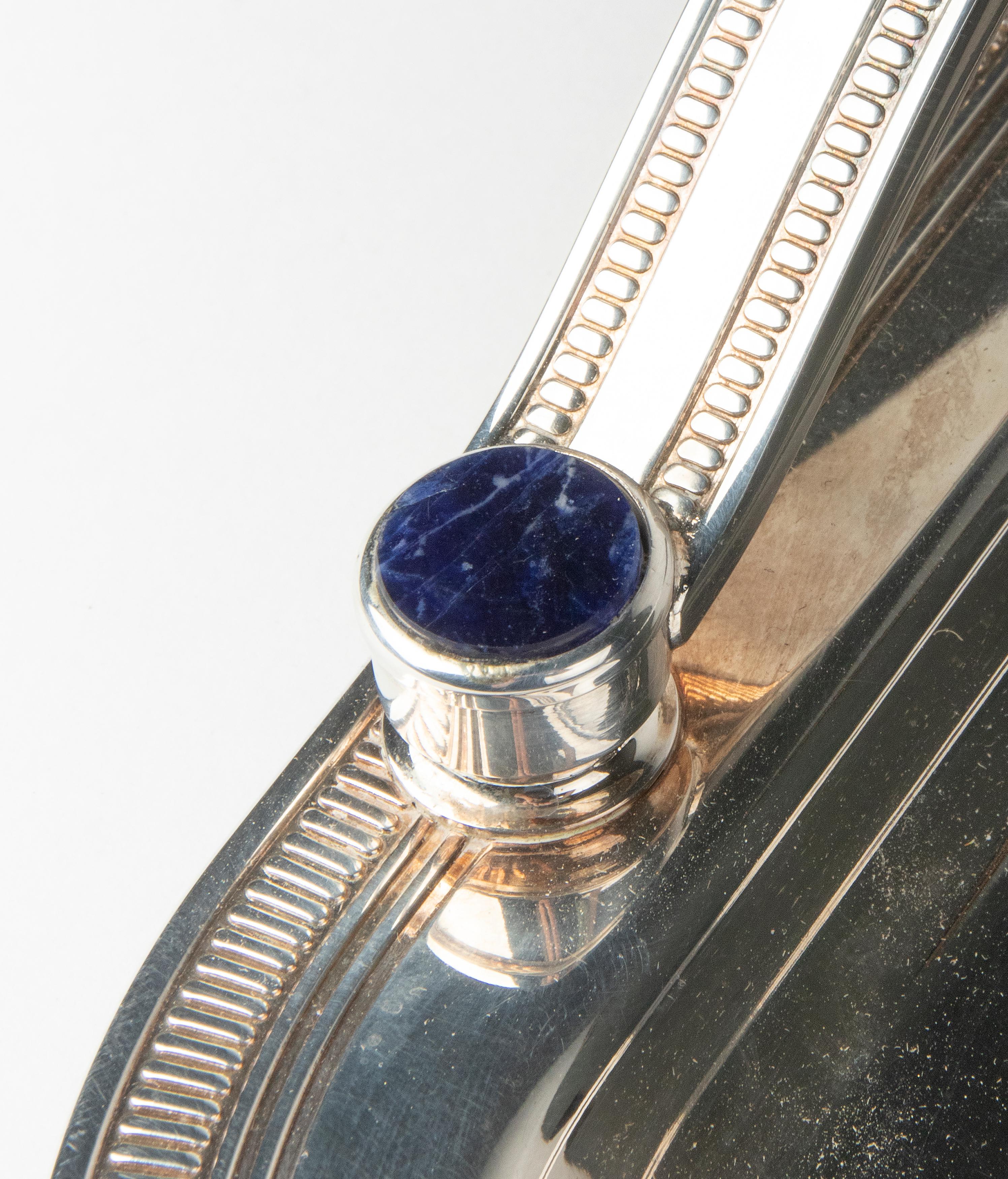 Mid-20th Century Silver Plated Serving Tray Inlaid with Lapis Lazuli by Maestri Italy