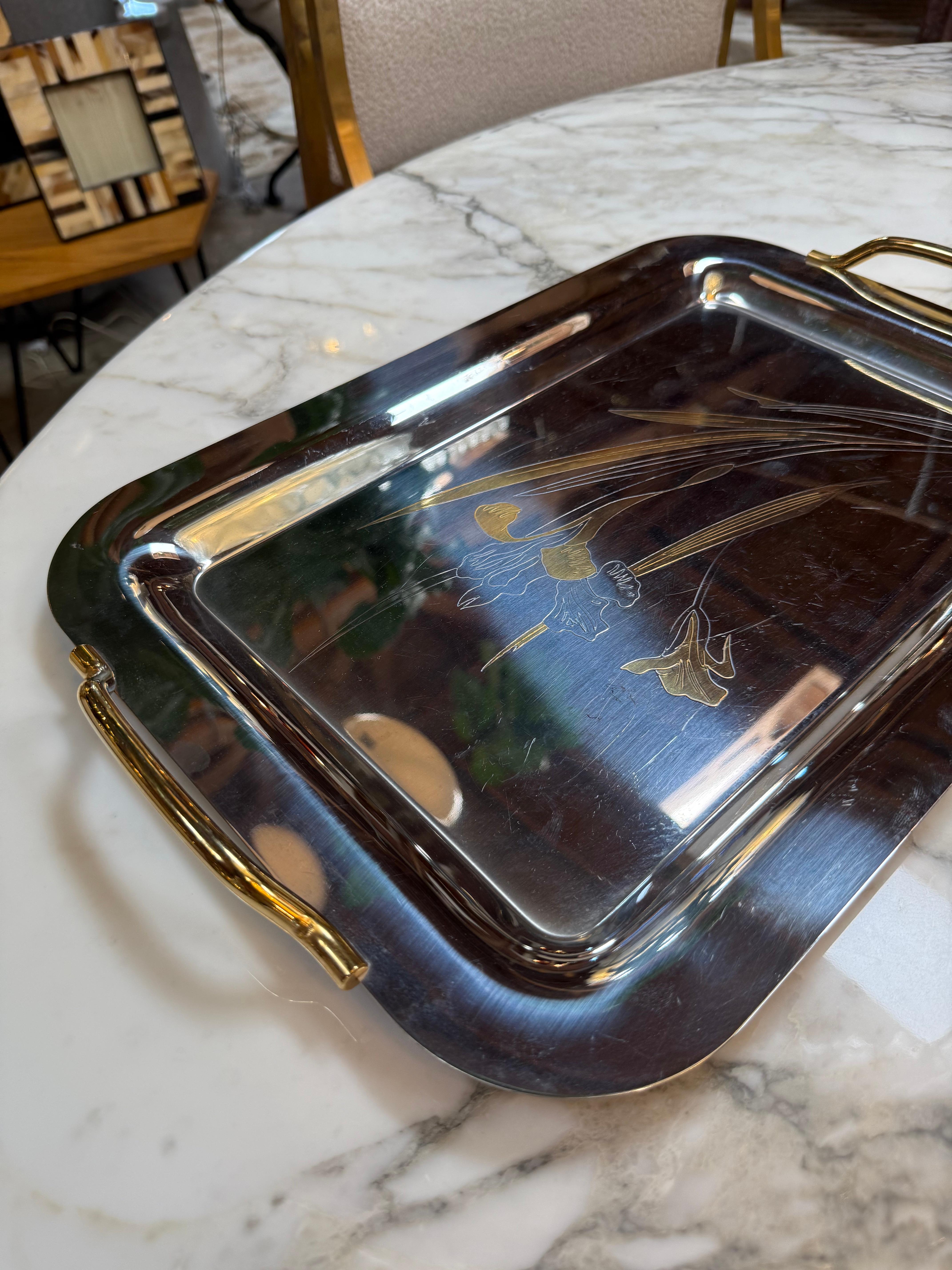 Modern Silver Plated Serving Tray with Golden Floral Etching For Sale