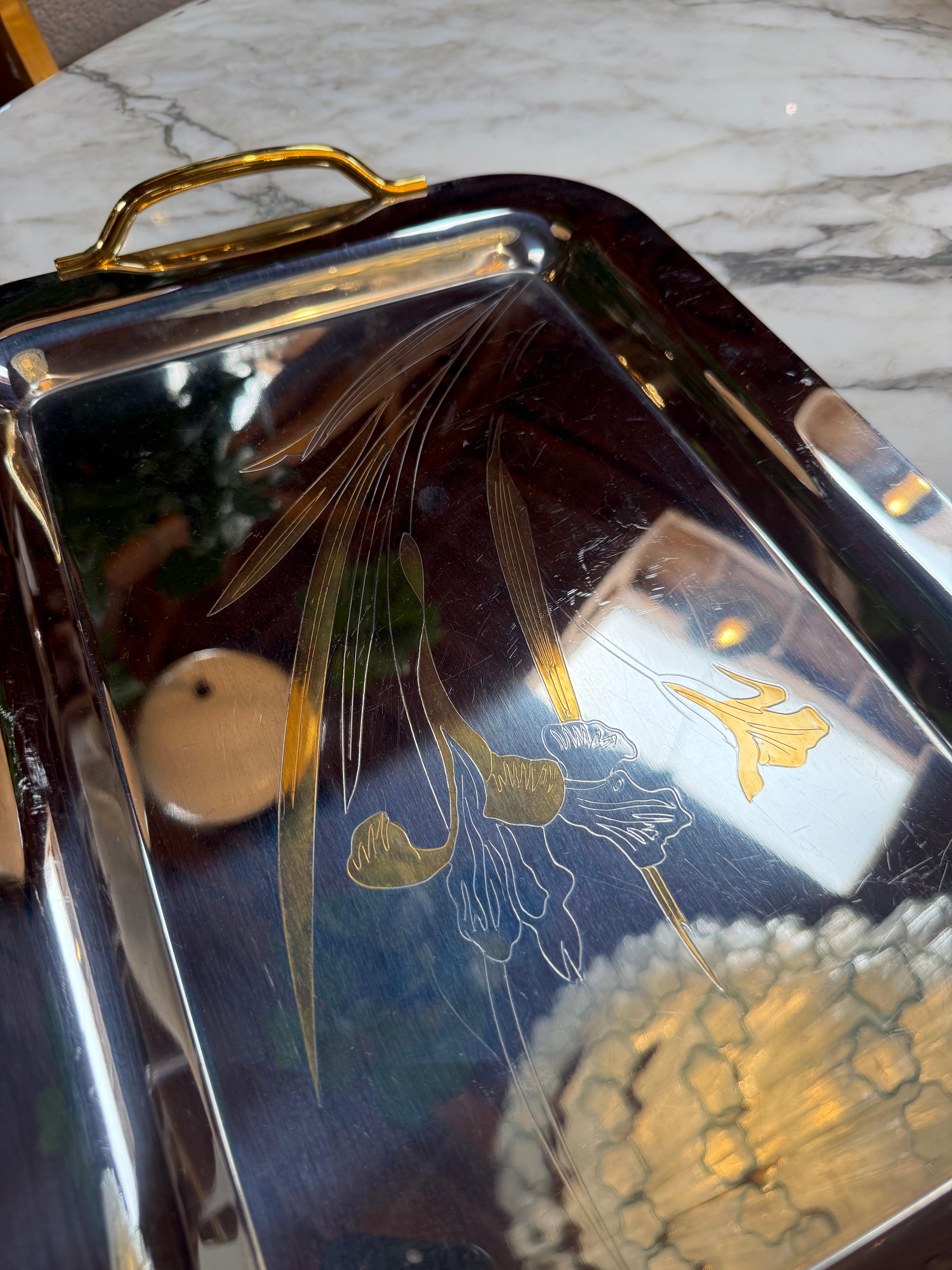 Italian Silver Plated Serving Tray with Golden Floral Etching For Sale