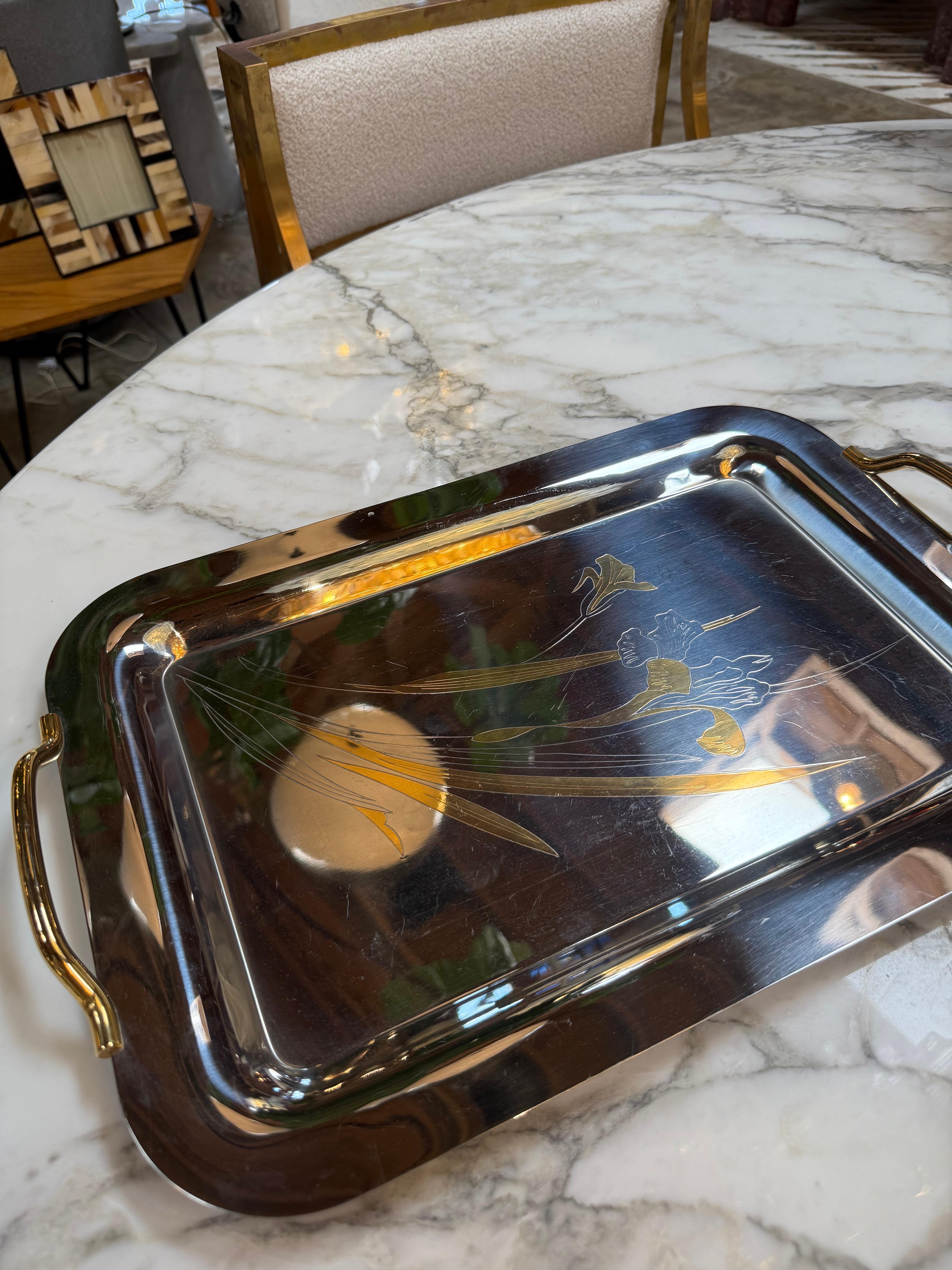 Silver Plated Serving Tray with Golden Floral Etching In Good Condition For Sale In Los Angeles, CA